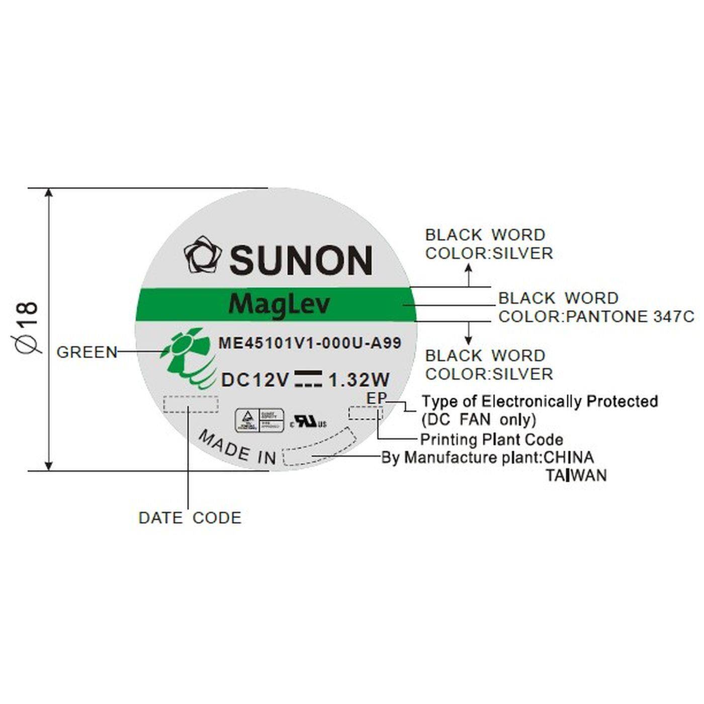 Fan 12V DC 1,32W 45x45x10mm 20m³/h 6500U/Min 20m³/h Sunon ME45101V1-A99