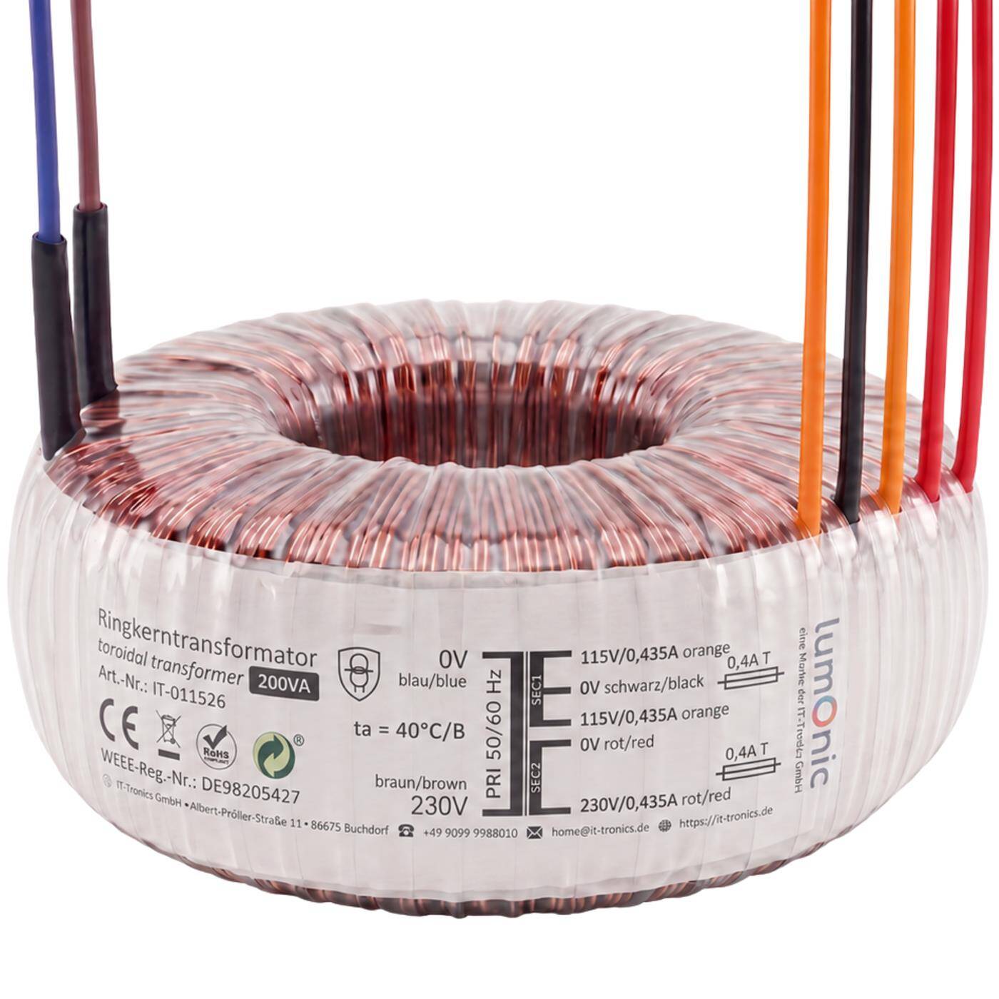Lumonic Toroidal Transformer, 200 VA, 2x 115 V + 230 V - Toroidal transformer, 230 V primary, 2x 115 V + 230 V simultaneously, for amplifier construction, power supplies, and lighting