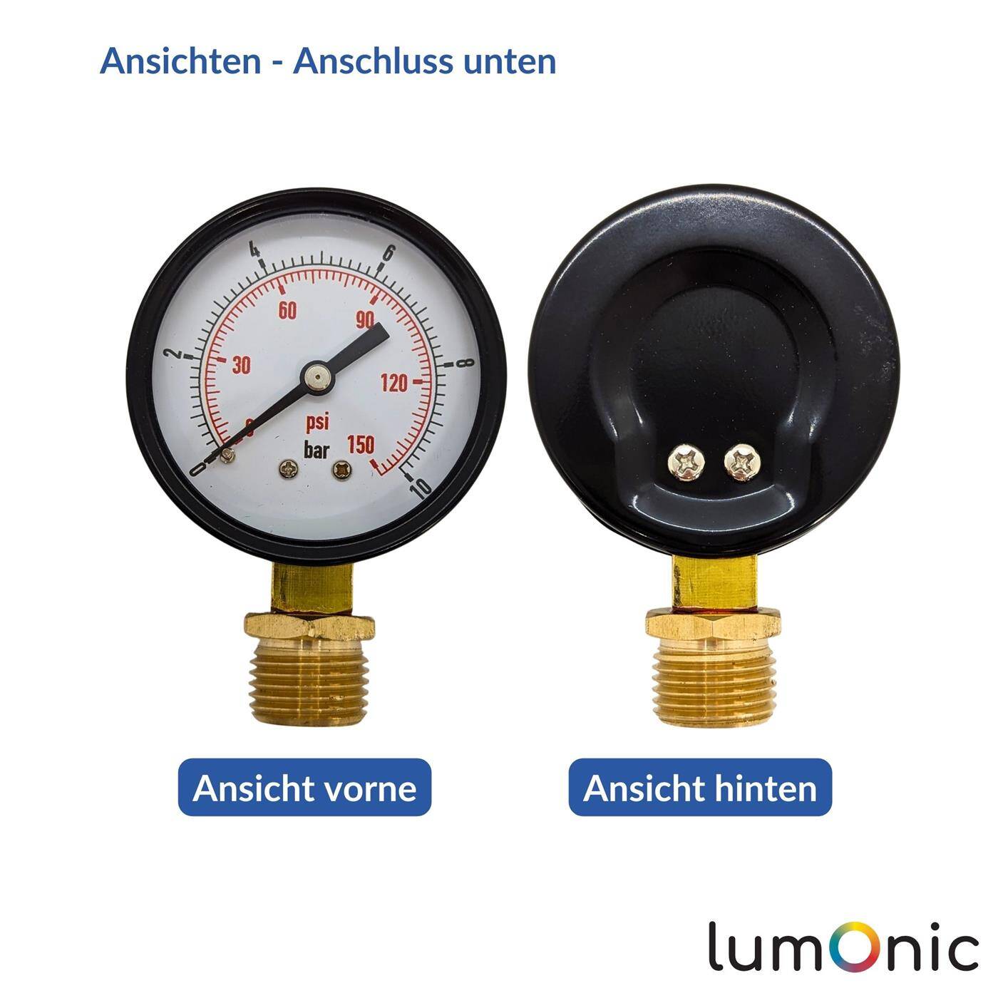 Lumonic I Manometer 0-10bar I 1/2 Zoll I Klasse 2,5 I Anschluss unten I Durchmesser 60mm I Druckmesser I für Druckluft und Wasser