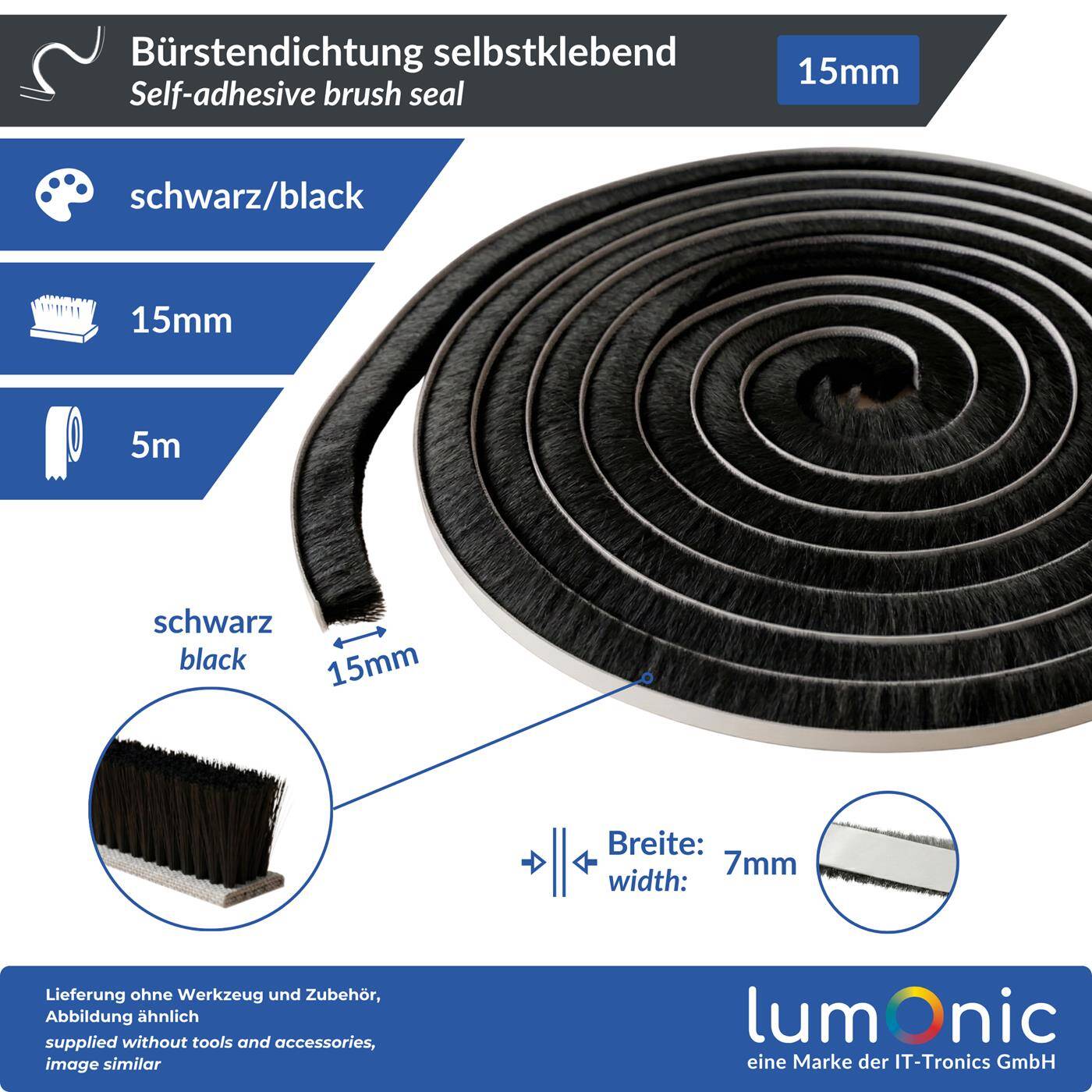 Lumonic 5m Brush seal black 15mm | Self-adhesive + Can be cut to size | Draught excluder, cold protection, insect screen for windows, doors, cupboards