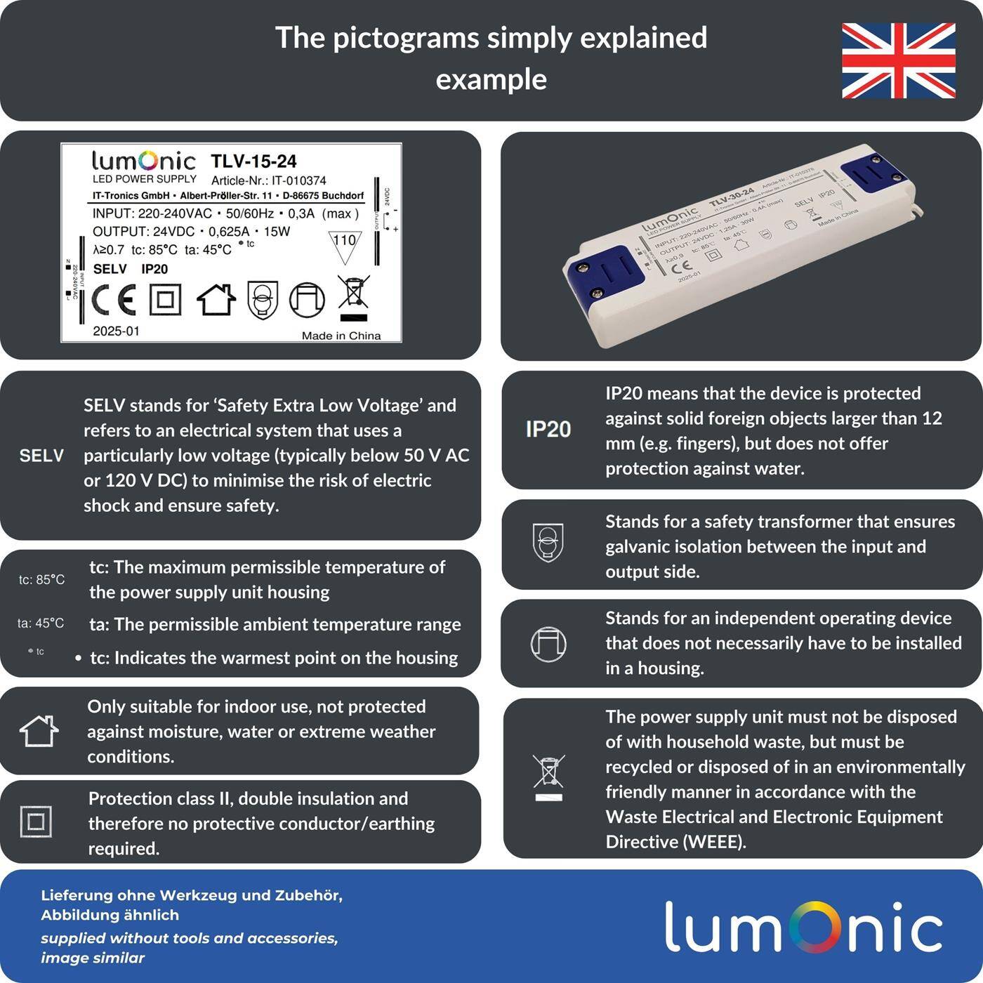 Lumonic I LED transformer BLV-15-24 I 24V 15W I Input 220-230VAC I flicker-free I Overload protection I LED power supply unit I for LED lighting