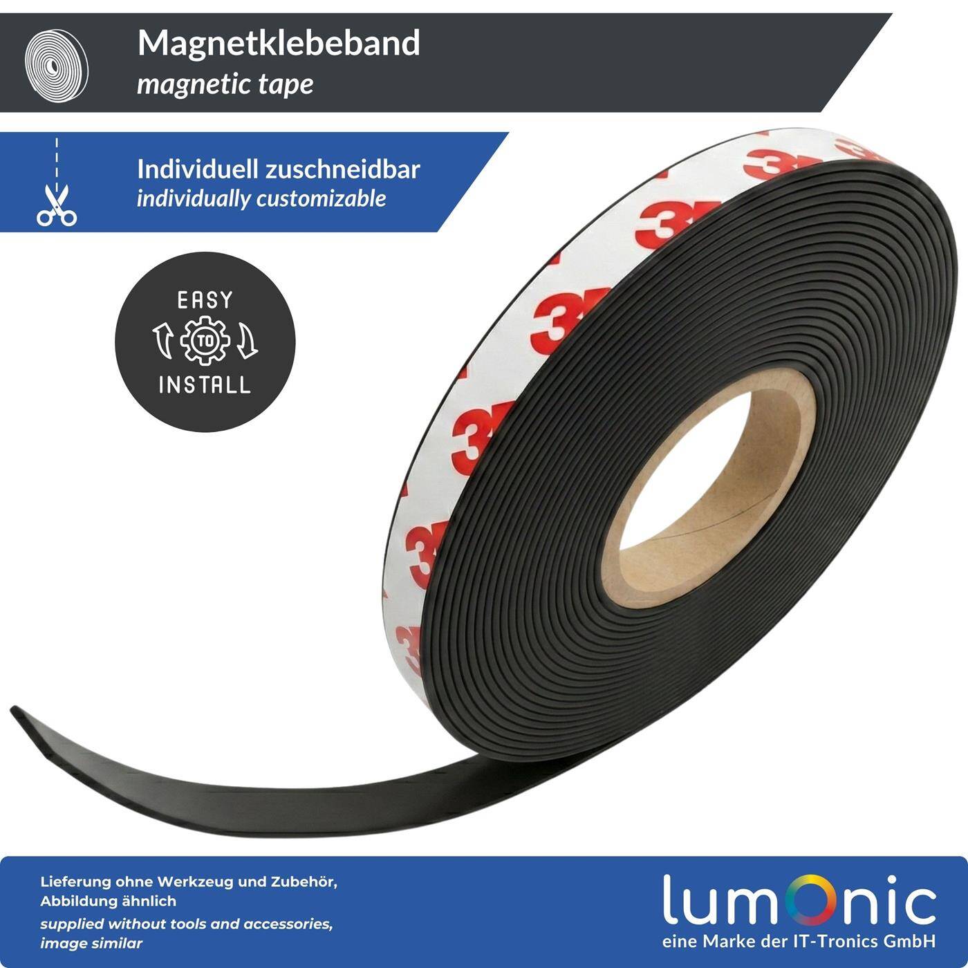 Lumonic 5m Magnetic tape | 10x1mm | Flexible, self-adhesive, can be cut to size, without drilling | Fly screen, school and blackboard