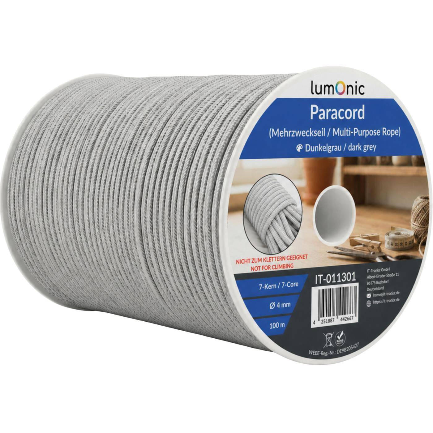 Lumonic 100m Paracord 4mm grey | 100% nylon | 7 cores, 32 strand sheath | Max. 125 kg load capacity | Dog Leash, Bracelet, Outdoor, Bushcraft, Tent Cord, Macramé