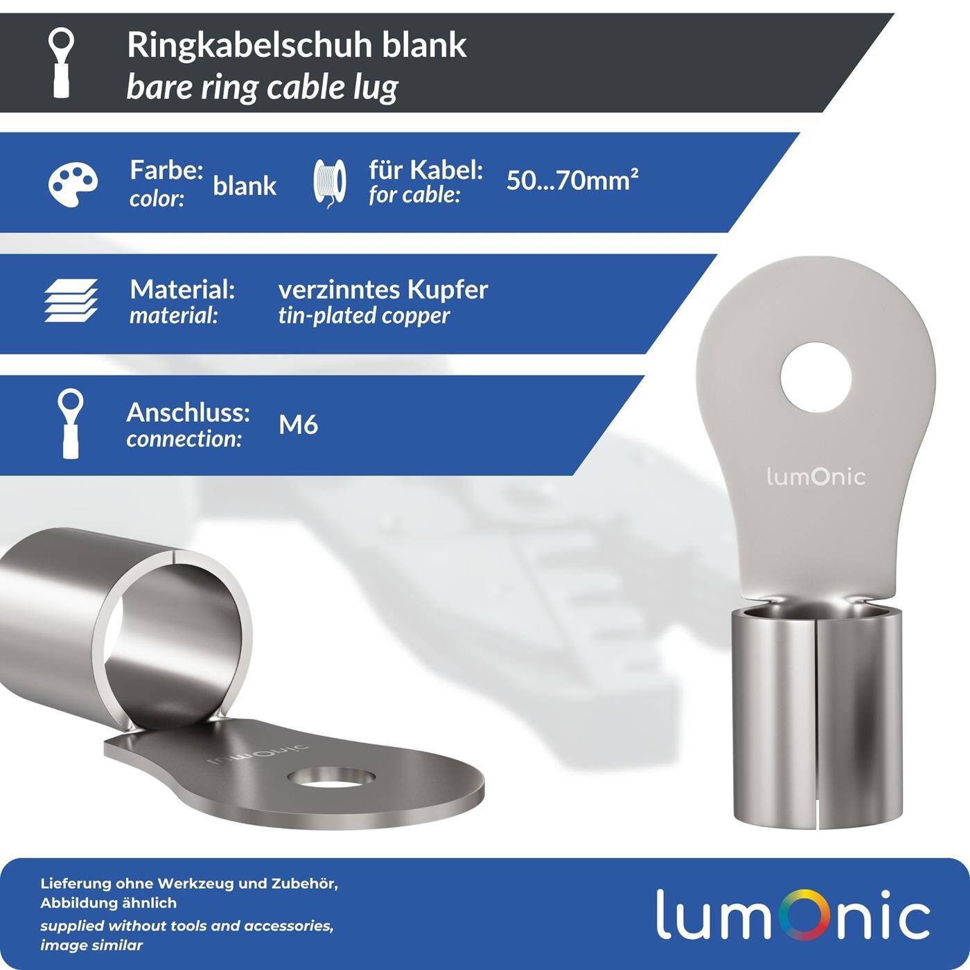 Lumonic 10x Ring cable lug 50-70mm² blank | M6 | Tinned copper | Secure cable connection without soldering | Crimp cable lug uninsulated | Motor vehicle, mechanical engineering, motorhome, battery