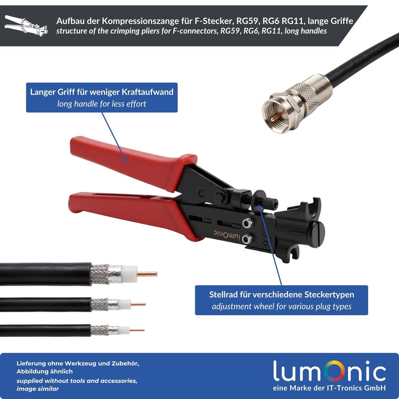 Lumonic Compression Pliers for F-Connectors, RG59, RG6, RG11, Long Handles - Adjustment Wheel for RG59, RG6, and RG11, Axial Compression, Metal, Longer Handles, for Coaxial Cables, Satellite Cables, Splitters