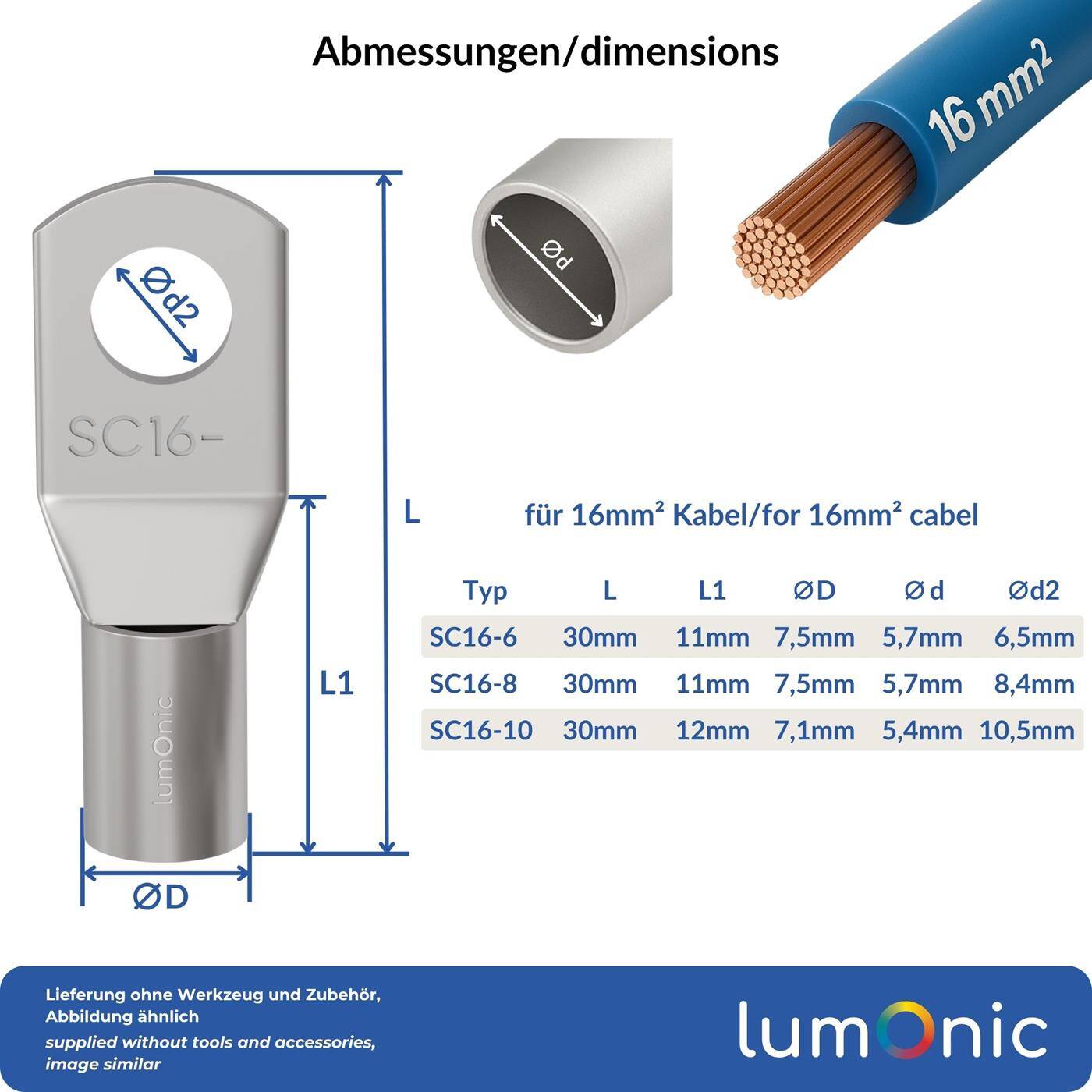 Lumonic 10x Rohrkabelschuh 16mm² blank | M6 | Kupfer verzinnt | Kabelverbindung ohne Löten | SC16-6, Set mit 10 Stück Crimp-Kabelschuh, Quetschverbinder | KFZ, Maschinenbau, Wohnmobil, Batterie