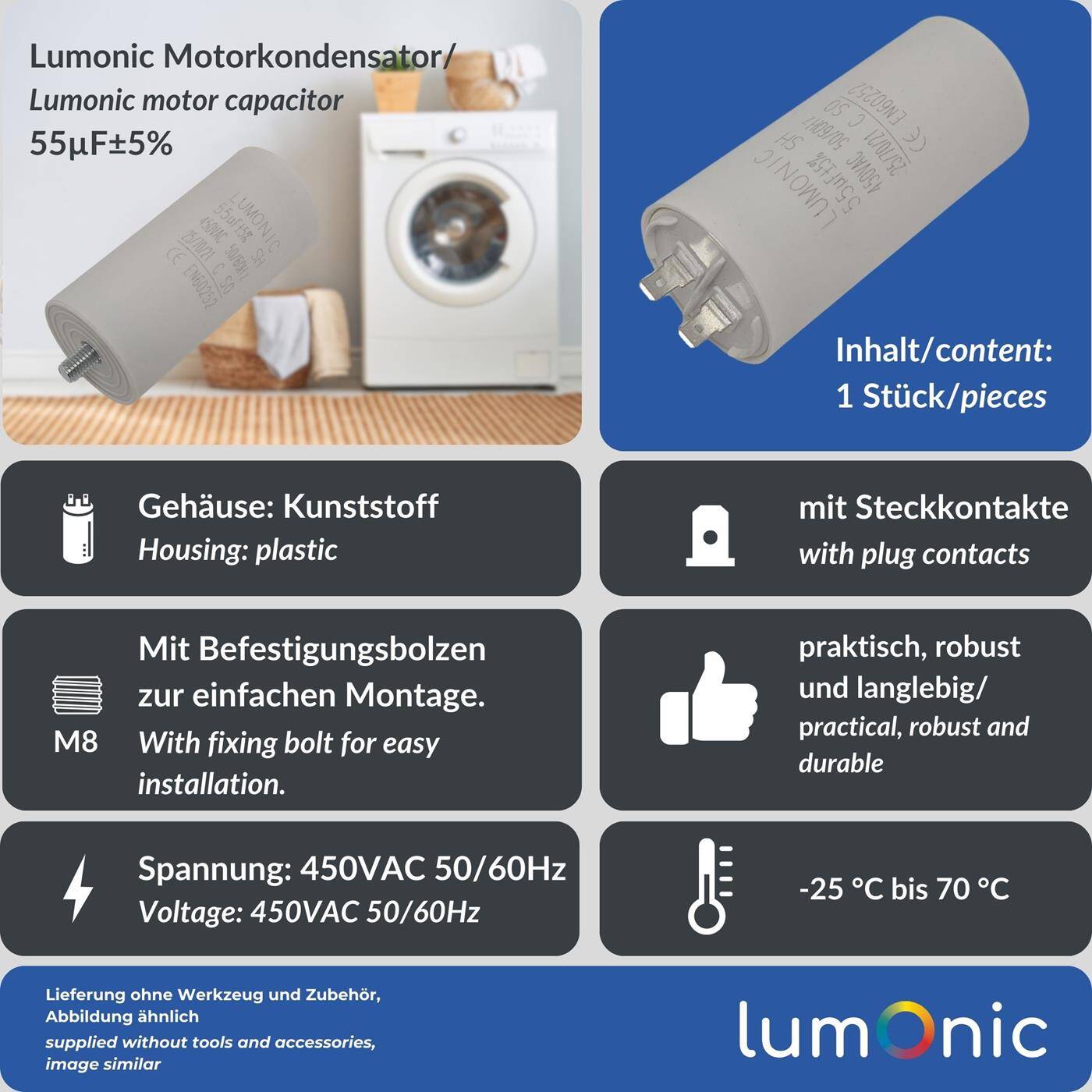 Lumonic Anlaufkondensator 55µF 450V | mit Stecker I 45x100mm I 55uF I Motorkondensator mit Kunststoffgehäuse I Betriebskondensator I für Pumpen, Rasenmäher, Werkzeuge