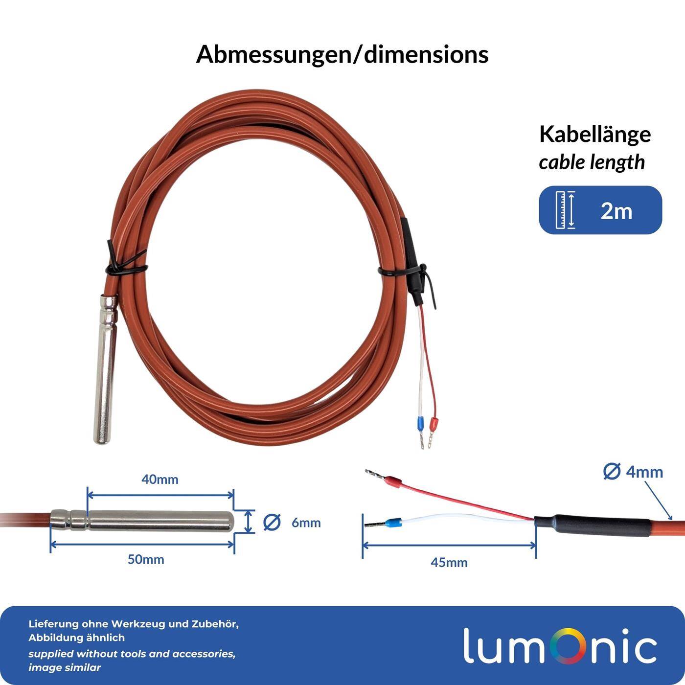 Lumonic Temperature sensor PT1000 with silicone cable 2m I -50...200°C I 6mm I 2-wire connection I IP65 I Temperature sensor Sensor I for heating, heat pumps, photovoltaics, automation