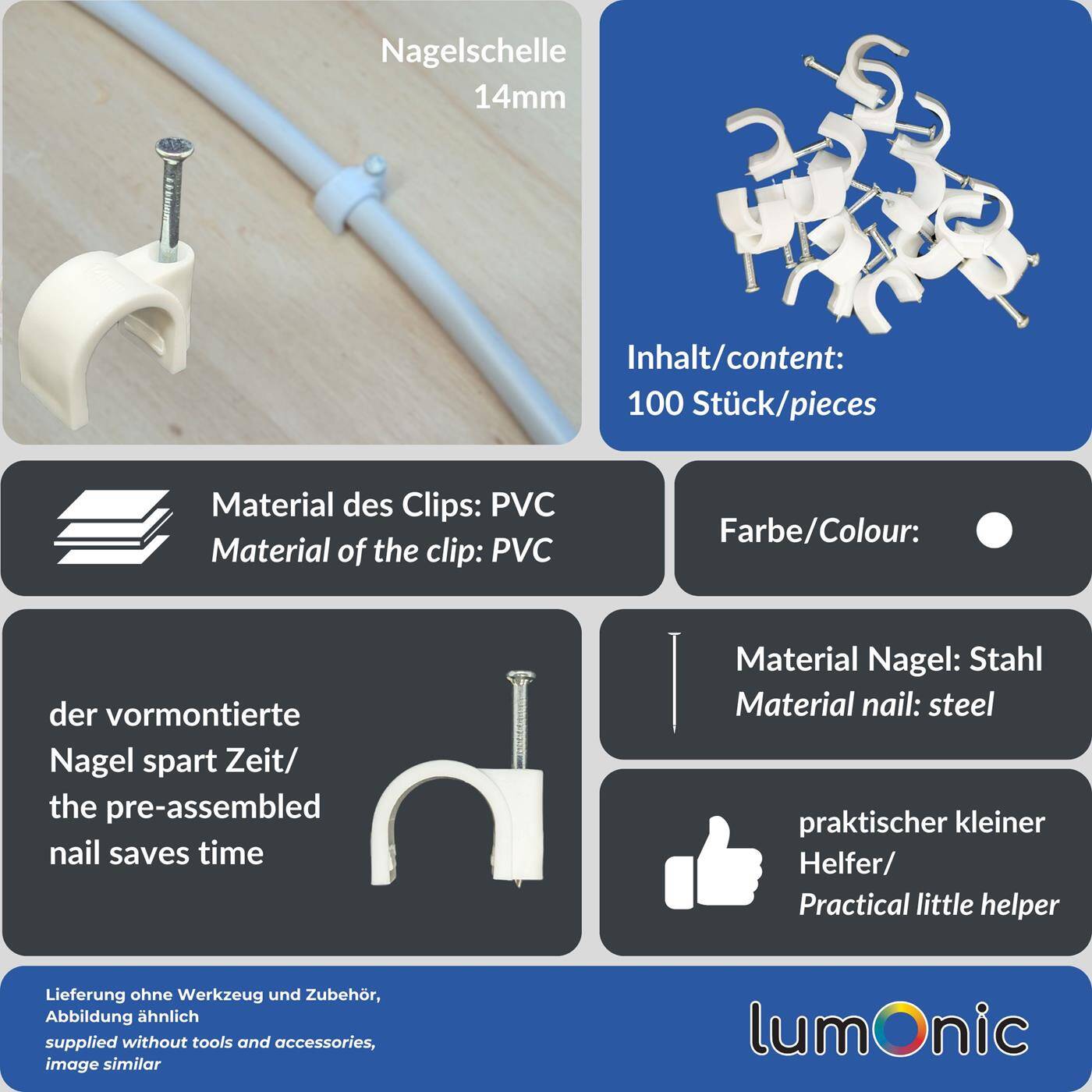 Lumonic 100x Nagelschelle 14mm für Kabel weiss - Kabelschelle mit 30mm Nagel z.B. zur Befestigung an der Wand - Kabelklemmen verschiedene Größen 4-14mm