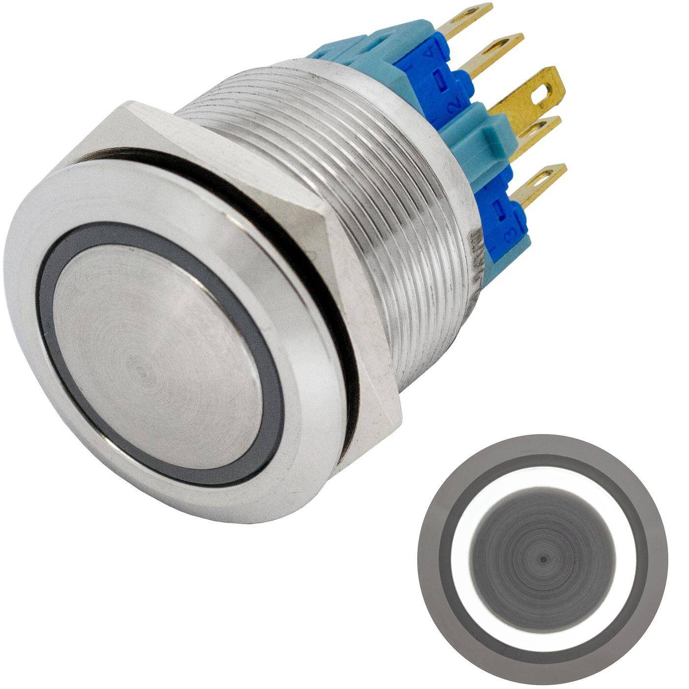 Lumonic Edelstahl Drucktaster gewölbt 22mm Durchmesser I Mit einer Ring LED in Kalt-Weiß Maße: 2,8x0,5mm Pin s 250V 3A I Vandalismussicher nach dem IP65 Standard