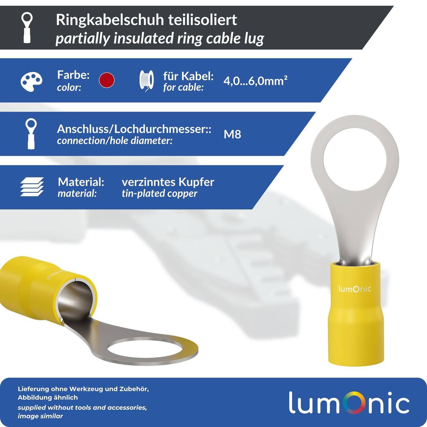 Lumonic 25x Ringkabelschuh 4,0-6,0mm² teilisoliert | M8 | Kupfer verzinnt | sichere Kabelverbindung ohne Löten | Set, Crimp-Kabelschuh, Quetschverbinder, Ringöse | KFZ, Maschinenbau, Wohnmobil, Batterie