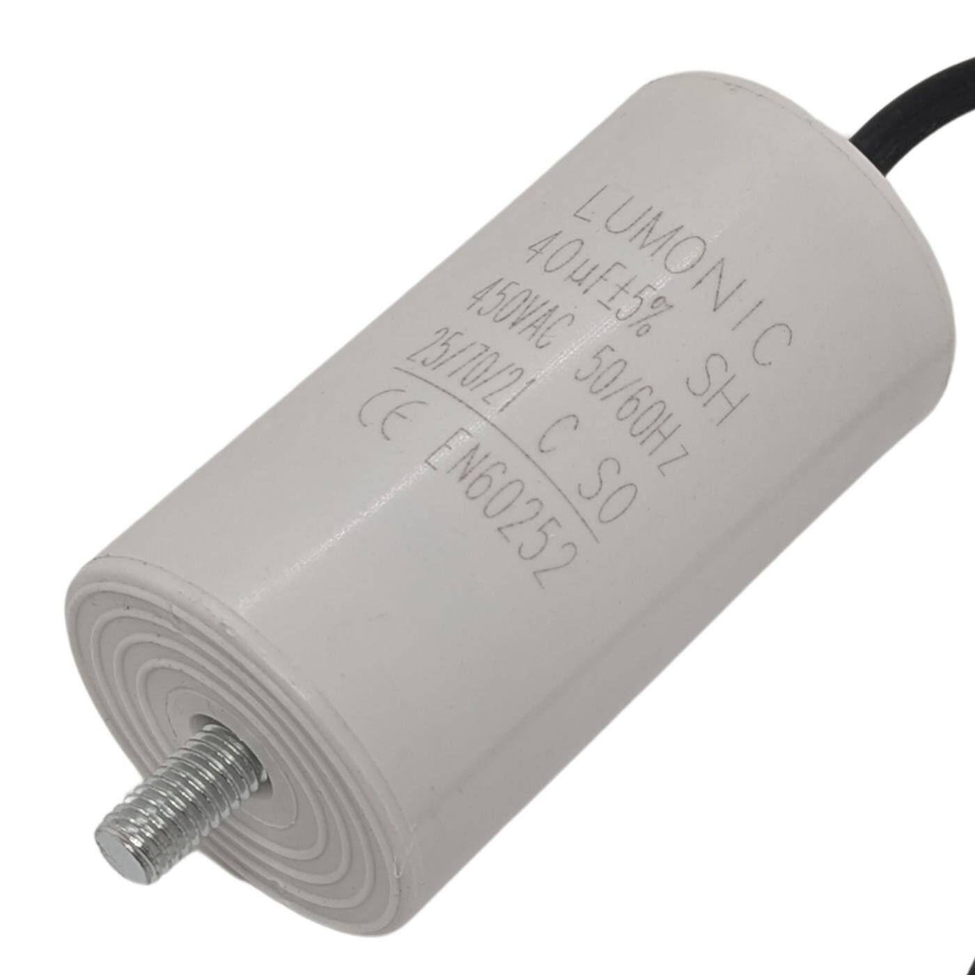 Anlaufkondensator 40µF 450V mit Kabel 25cm 45x84mm 40uF Motorkondensator mit Kunststoffgehäuse Anlaufkondensator 40µF 450V mit Kabel 25cm 45x84mm 40uF Motorkondensator mit Kunststoffgehäuse