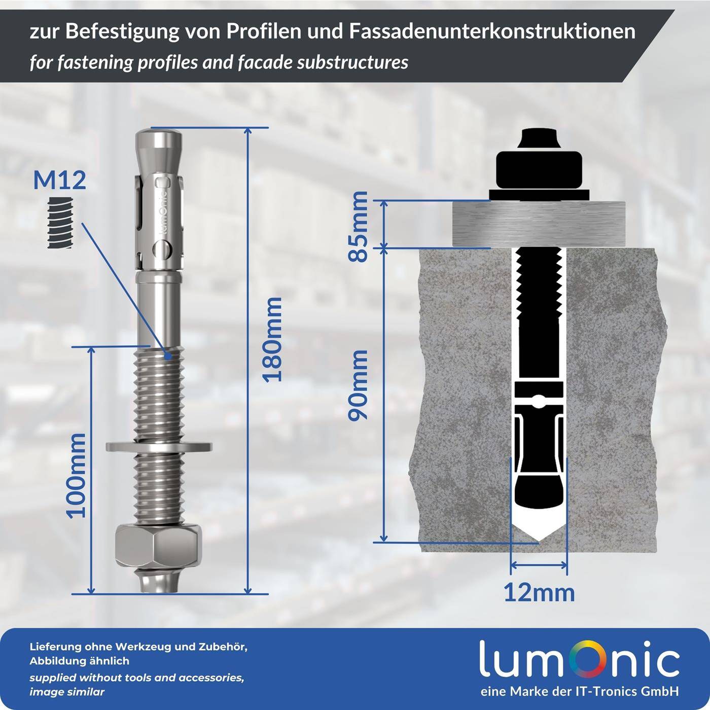 Lumonic Heavy Duty Anchor M12 x 180mm | High-quality galvanized wedge anchors | Push-through mounting, IMMEDIATELY LOADABLE | Concrete anchor, Heavy duty anchor | for canopies, Railing, Shelves, Partition walls