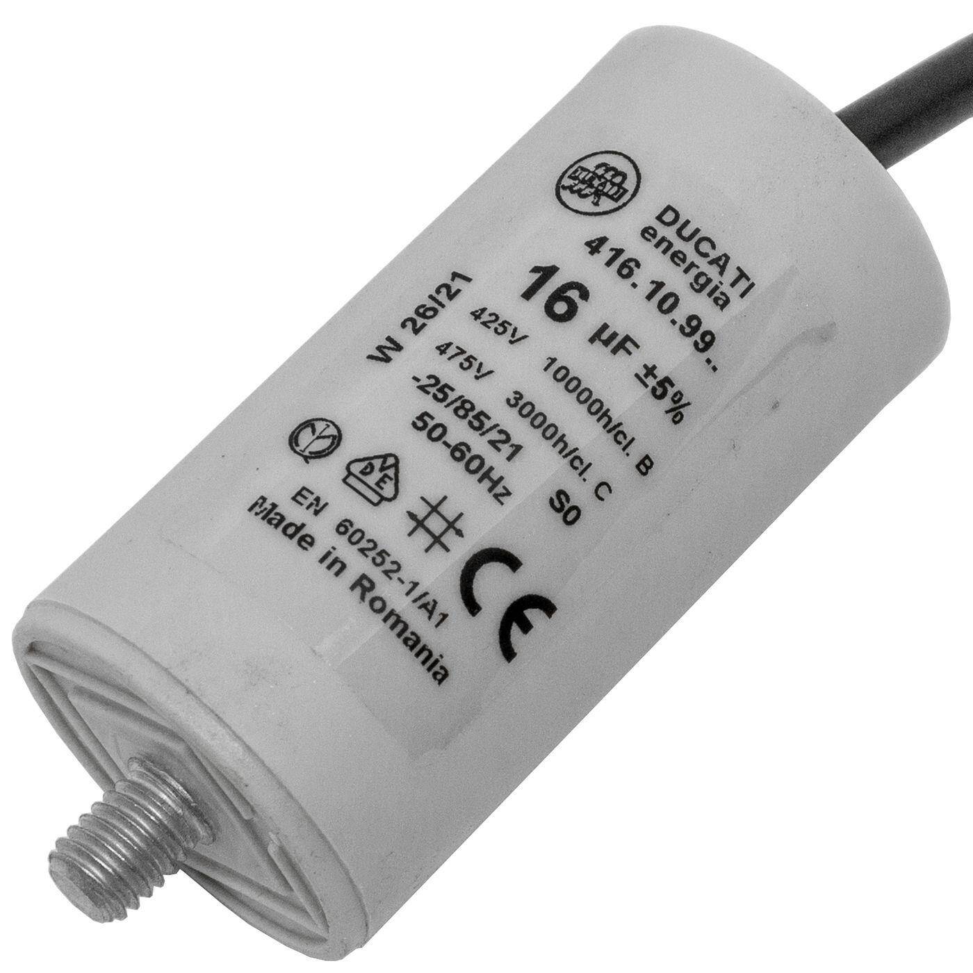 Anlaufkondensator Motorkondensator 16µF 425V 36x70mm Kabel 35cm Ducati 416.10.99 B 16uF
