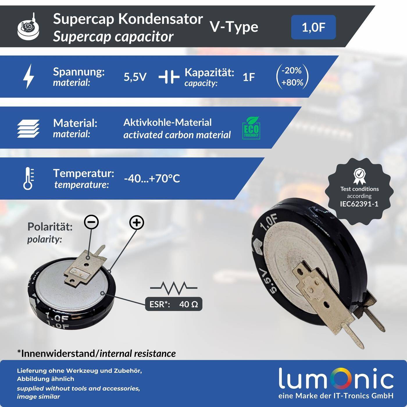 Supercap 1,0F 5,5V V-Type, EDLC for direct use, high capacity, 5.5V monoblock - no balancing necessary, flicker protection, backup, Arduino, PLC, heating
