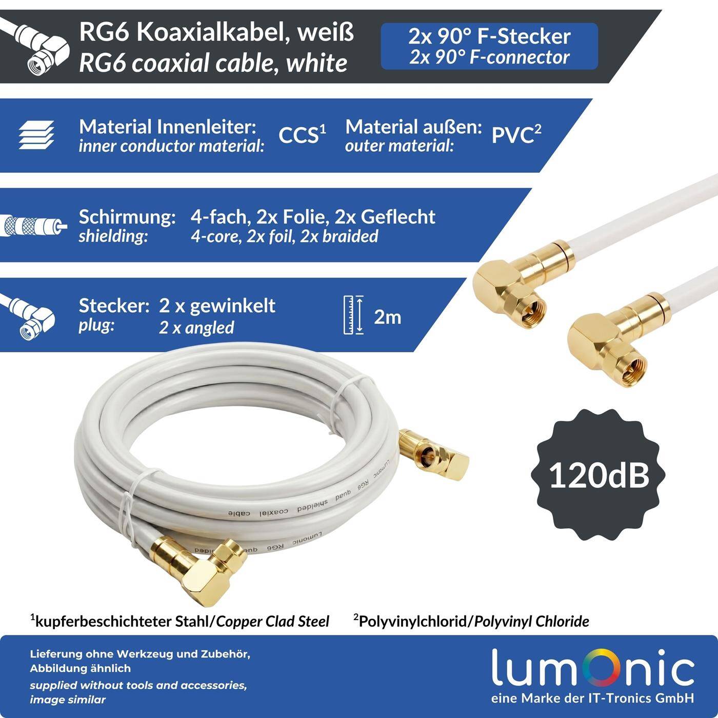 Lumonic 2m Antennenkabel RG6 | 2x vergoldete F-Stecker 90 ° gewinkelt | Weiß | 4-fach geschirmt 120dB | fertig konfektioniert | Koaxialkabel, Sat Kabel, DVB-T2, Kabelinternet