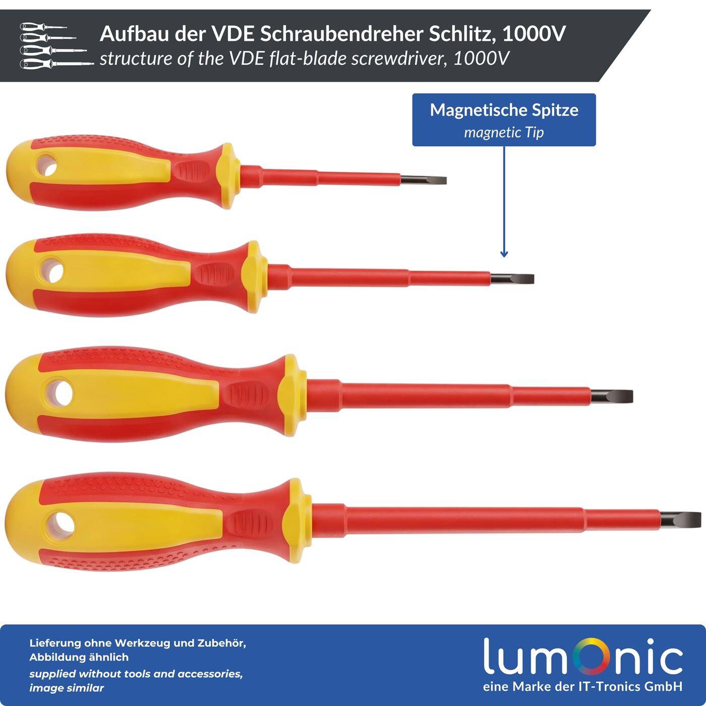 Lumonic VDE Flat-Blade Screwdriver, 5.5 x 125 mm, 1000 V — S2 steel, burnished, magnetic tip, two-component handle, for terminals, switches, and control cabinets