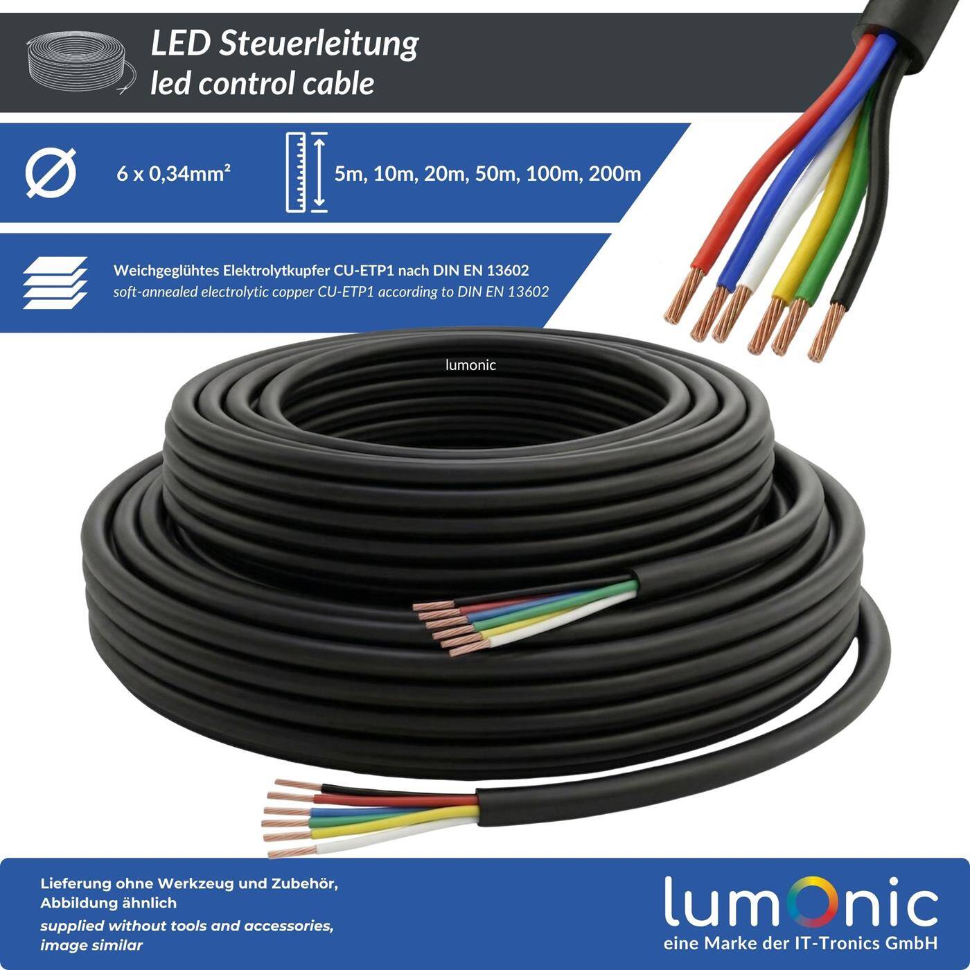 Lumonic 6x0,34mm² RGBW CCT LED Control line black 1m | sheathed 6-core flexible cable | LiYY Extension, Power cable, LED supply line, Control cable