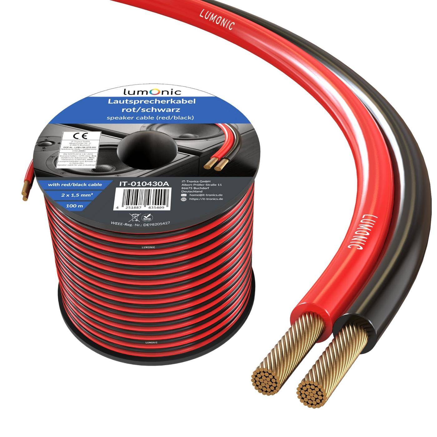 Lumonic Lautsprecherkabel | 100m Rot Schwarz | 2x 1,5mm² CCA | HiFi Boxenkabel | Audio Zwillingsleitung
