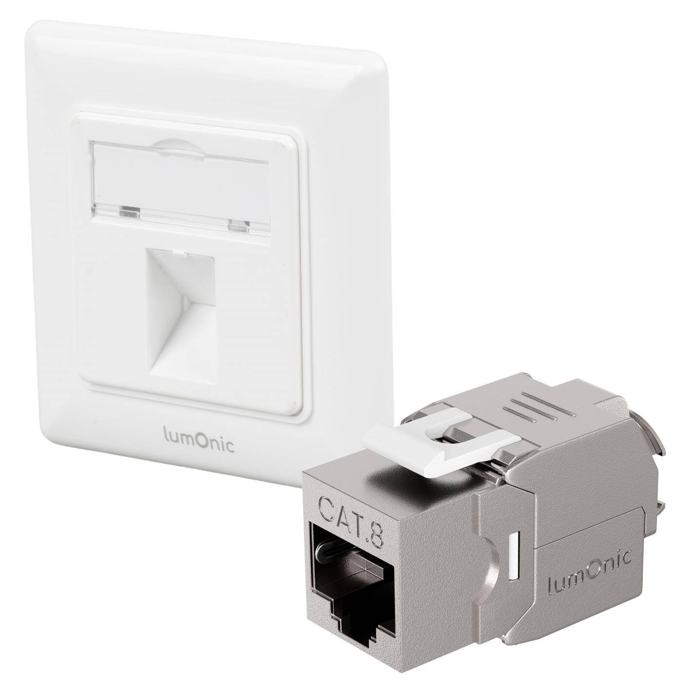 Keystone flush-mounted frame CAT8 module included, 1-port snap-in I tool-free assembly, Ethernet socket up to 40 Gbit for AWG22-24, RJ45 fully shielded,