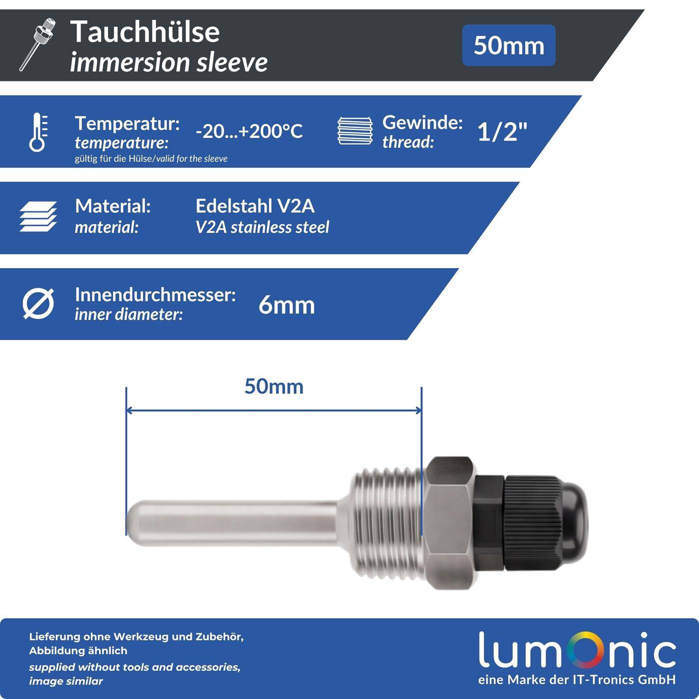 Lumonic Set of 2 immersion sleeves V2A stainless steel 1/2 inch | 50mm Installation length | Perfect fit for 6mm temperature sensors | for buffer storage, heating, solar + smart home