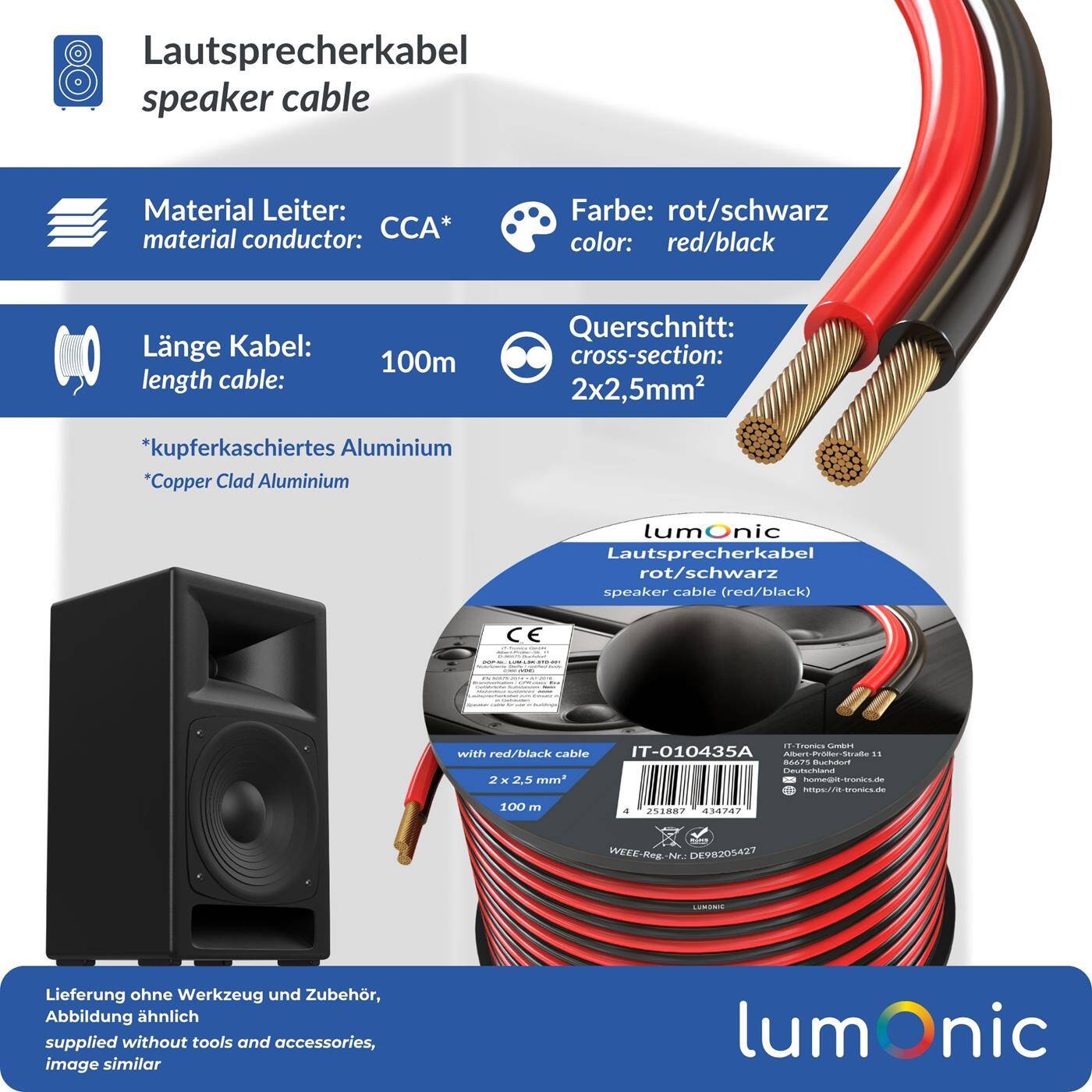 100m Lautsprecherkabel 2x 2,5mm² Rot Schwarz CCA HiFi Boxenkabel Audio Zwillingsleitung