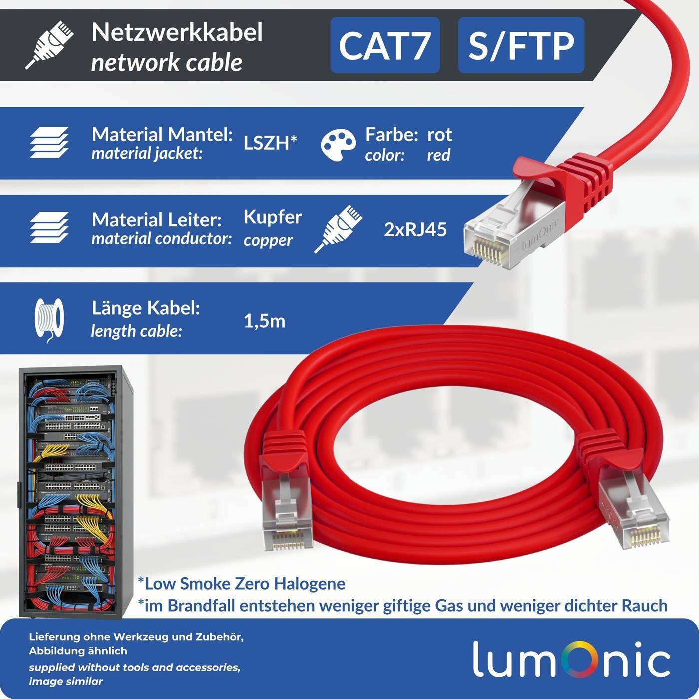 Lumonic CAT7 Patch Cable S/FTP 1,5m | RJ45 | Red | Ethernet LAN | Network cable