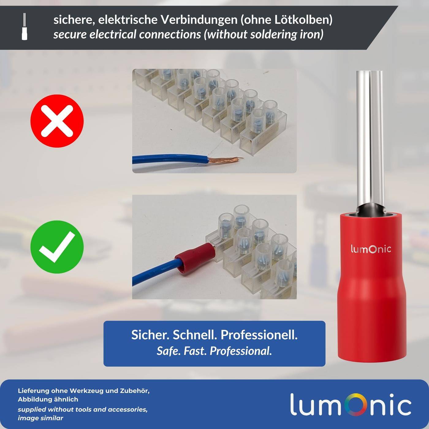 Lumonic 25x Stiftkabelschuh 0,5-1,5mm² Rot | Kupfer verzinnt | sichere Kabelverbindung ohne Löten | Crimp-Kabelschuh ideal für Lüsterklemmen | KFZ, Maschinenbau, Wohnmobil