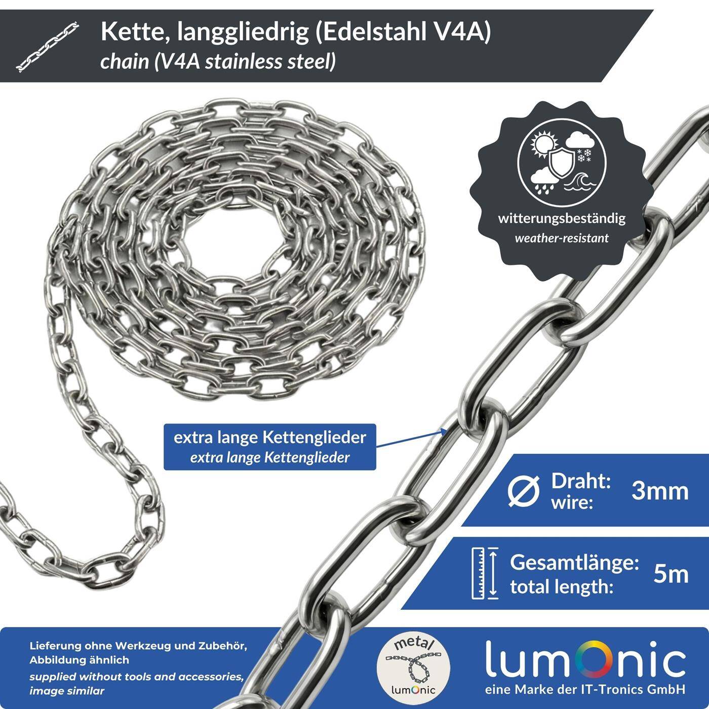 Lumonic 5m Chain V4A stainless steel | 3mm | Long-limbed | Stainless + seawater resistant | Rain chain, hanging basket, barrier chain
