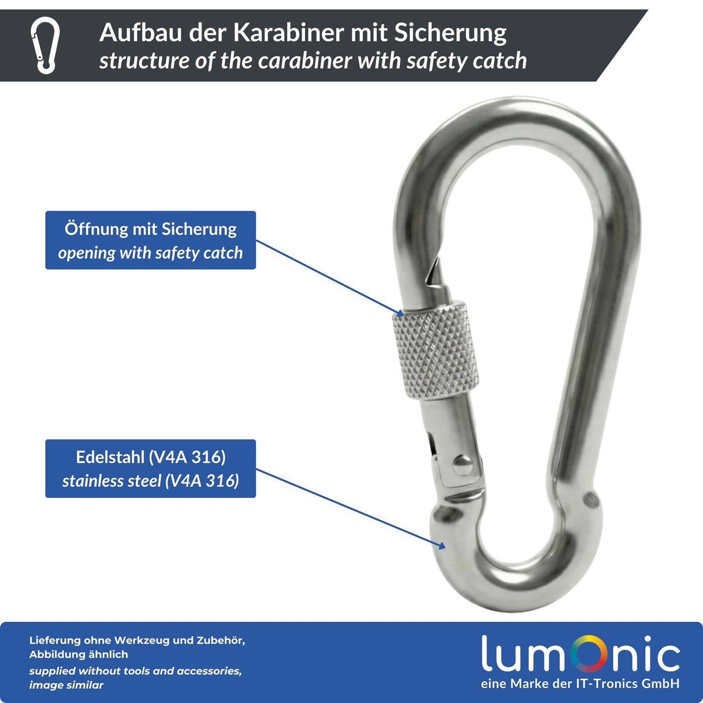 Carabiner with safety catch V4A stainless steel 6x60mm Stainless + seawater resistant Safety catch prevents unintentional opening for awning hammock dog camping