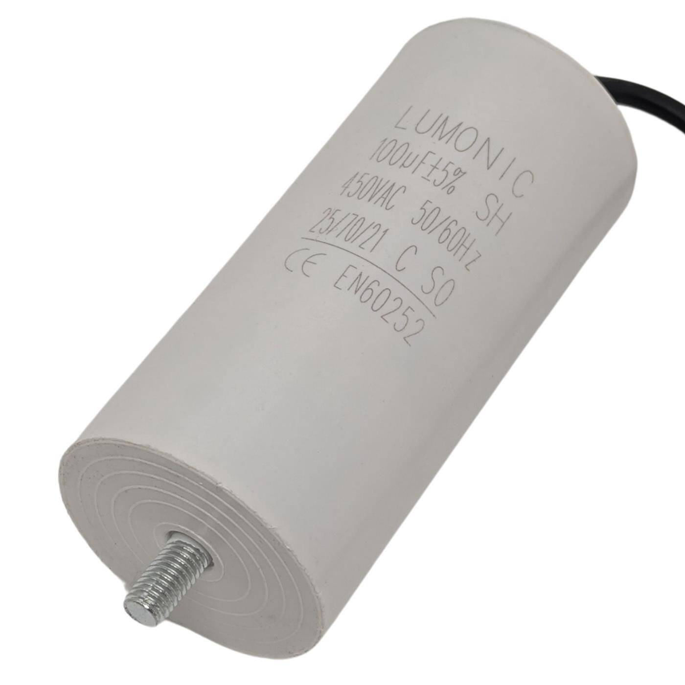 Starting capacitor 100µF 450V with Cable 25cm 55x120mm 100uF Motor capacitor with plastic housing Starting capacitor 100µF 450V with Cable 25cm 55x120mm 100uF Motor capacitor with plastic housing