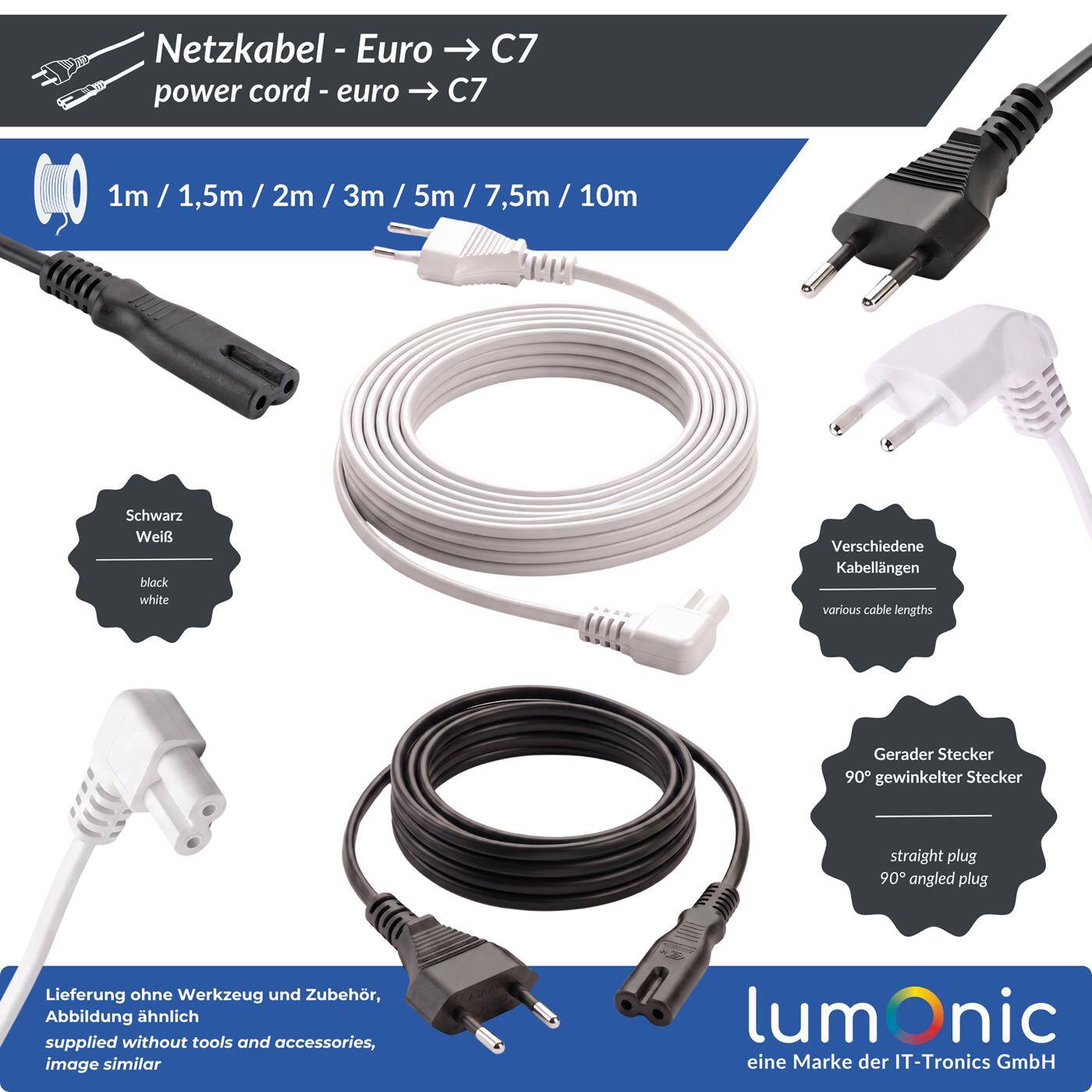 Lumonic Netzkabel Eurostecker auf C7, für TV und Konsole, Weiß 0,5 m, 230 V - Passt an TV, Radio und Konsole, beidseitig steckbare C7-Kupplung, Knickschutz gegen Kabelbruch