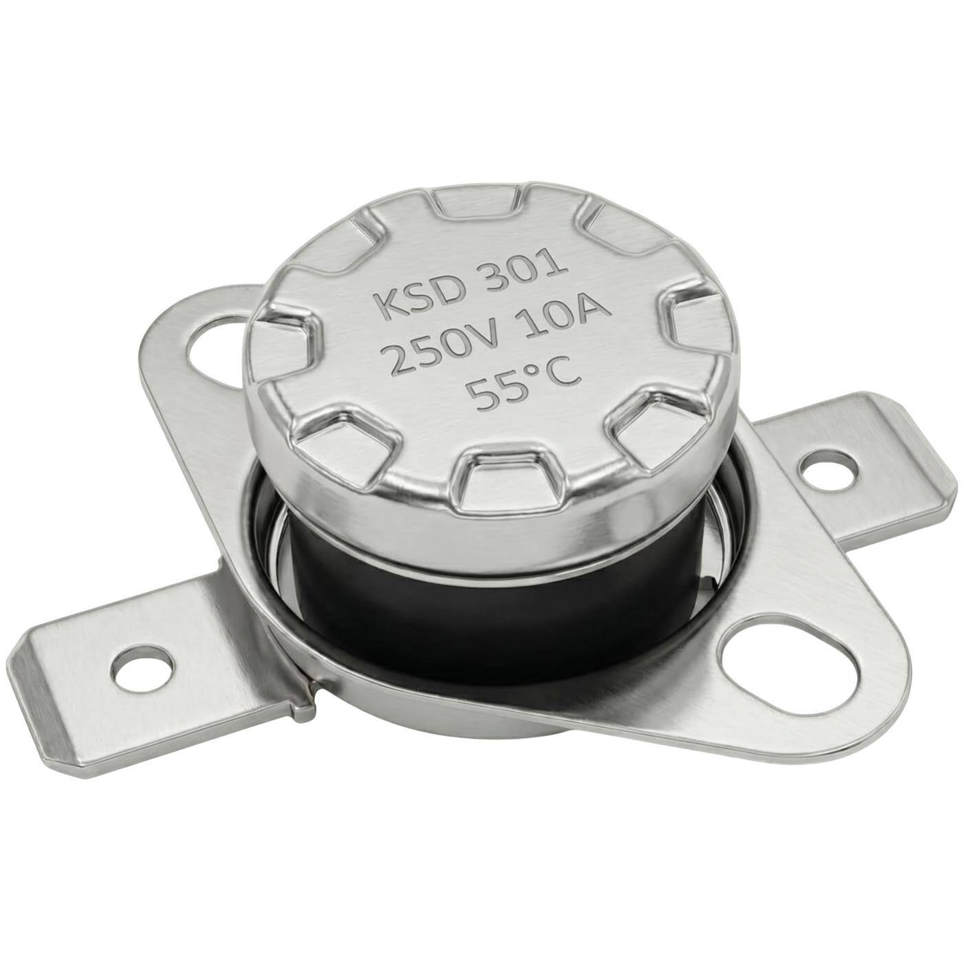 Lumonic KSD301 Temperaturschalter rund | 55°C ± 5°C | Öffner NC | max. 250V AC/10A | Flachstecker | Ø15×12mm | Thermoschalter, Bimetall | Kaffeemaschinen, Bügeleisen, Backöfen, Heizungen