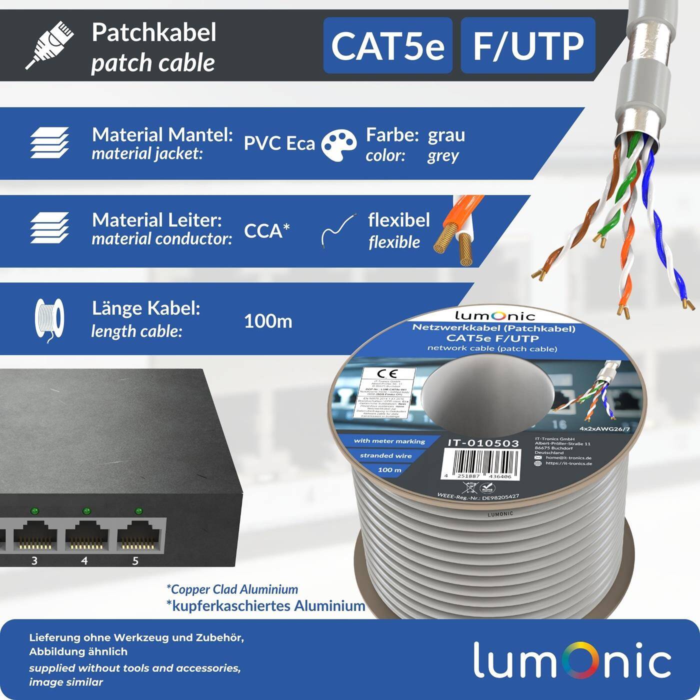 Lumonic LAN Netzwerkkabel 100m | LAN Kabel CAT5e F/UTP | Patchkabel  4x 2x AWG26/7 (verseilt) | 100MHz Gigabit Ethernet