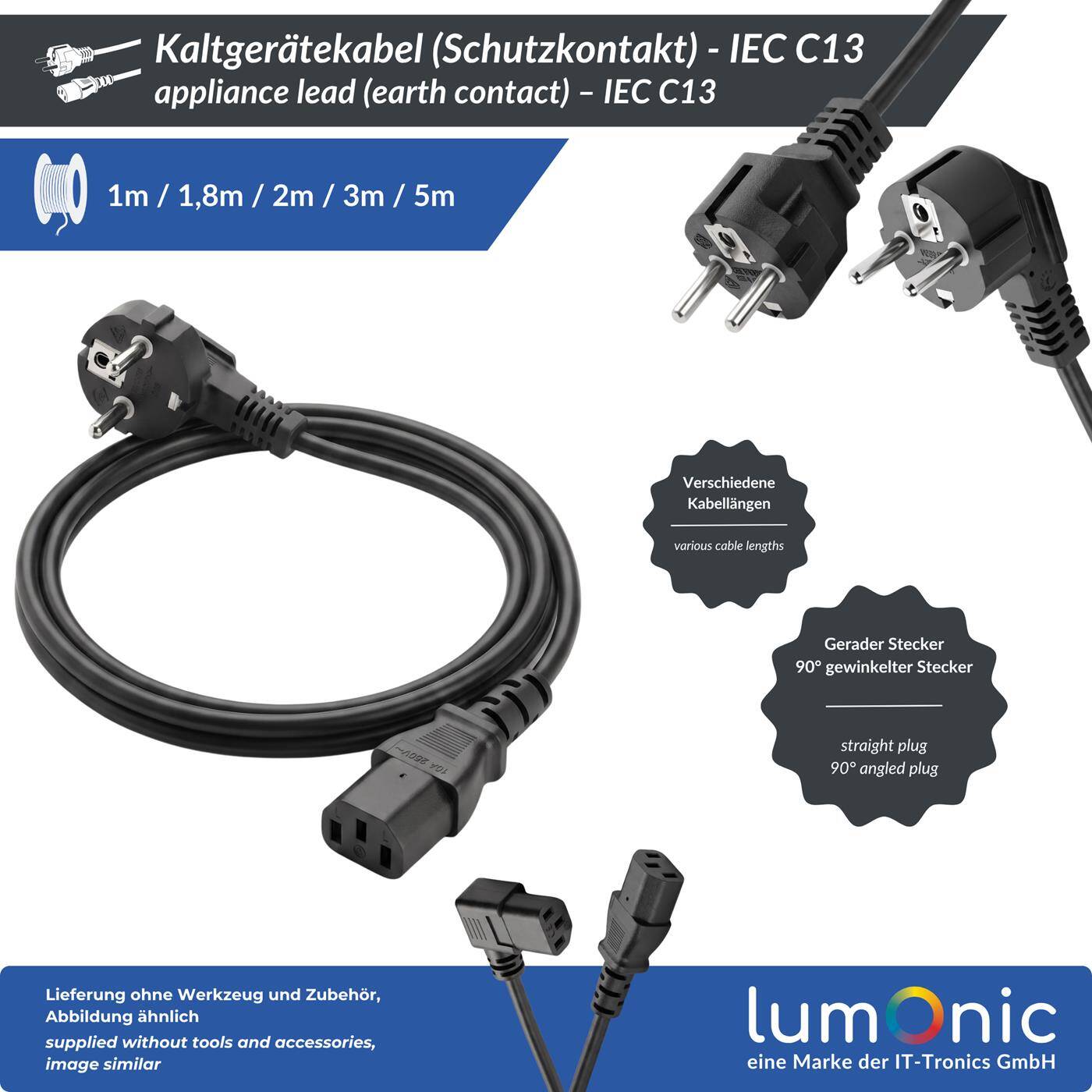 Lumonic Kaltgerätekabel Schuko 90° auf C13 90° Gewinkelt, Schwarz 3 m, 230 V - Beidseitig gewinkelte Stecker, für Racks und Verteilerschränke, flache Kabelführung, Knickschutz an beiden Enden