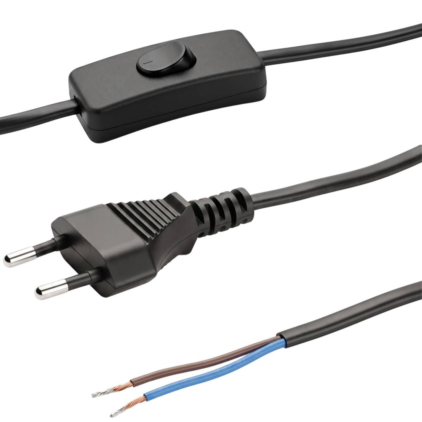 Lumonic Euro Power Cord with Switch and Open Ends, Black, 3 m, 230 V — Switch located directly on the cord makes it easy to turn lamps and decorations on and off; tinned open ends; kink protection on the Euro plug
