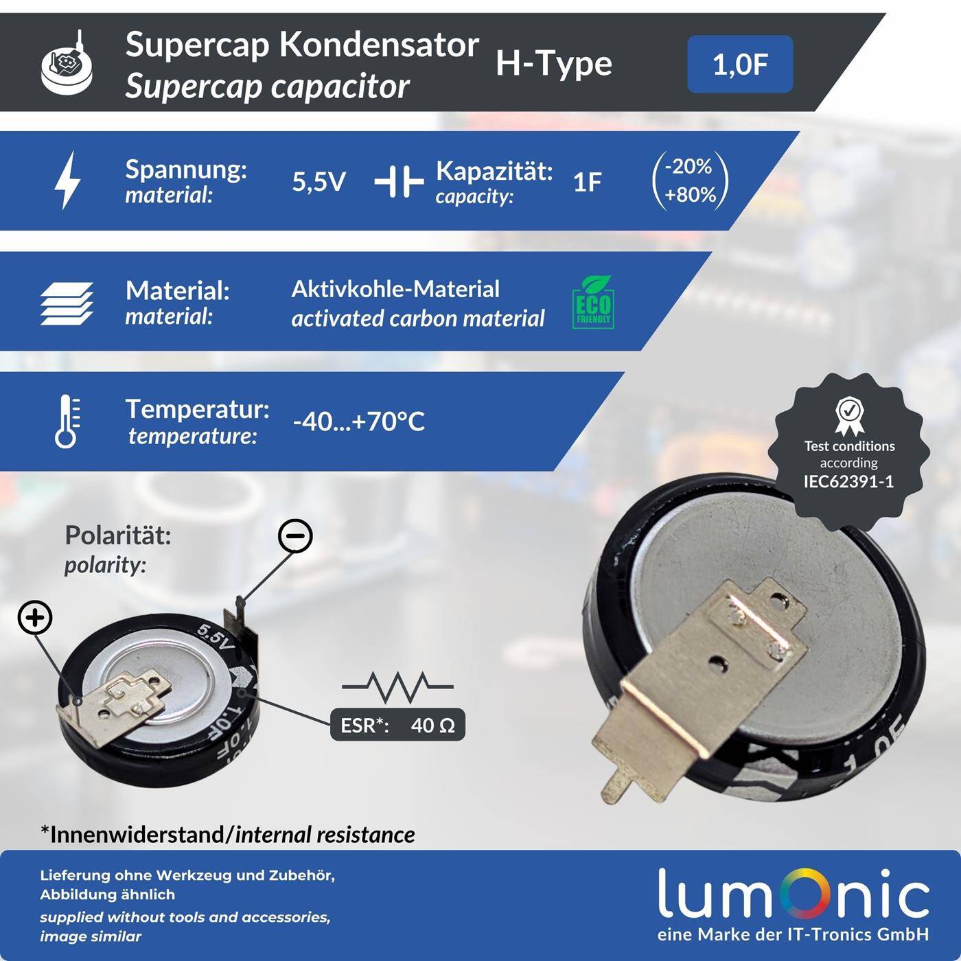Supercap 1,0F 5,5V H-Type, direkt einsetzbarer EDLC, hohe Kapazität, 5,5V Monoblock - kein Balancing notwendig, Flackerschutz, Backup, SPS, Heizung