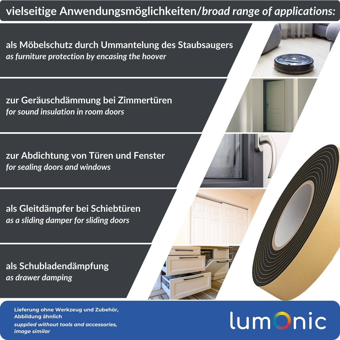 Lumonic 10m EPDM Dichtungsband Selbstklebend 40mm x 5mm | Moosgummi Dichtband für Fenster + Türen | Fensterdichtung, Türdichtung, Gummidichtung zum Kälteschutz