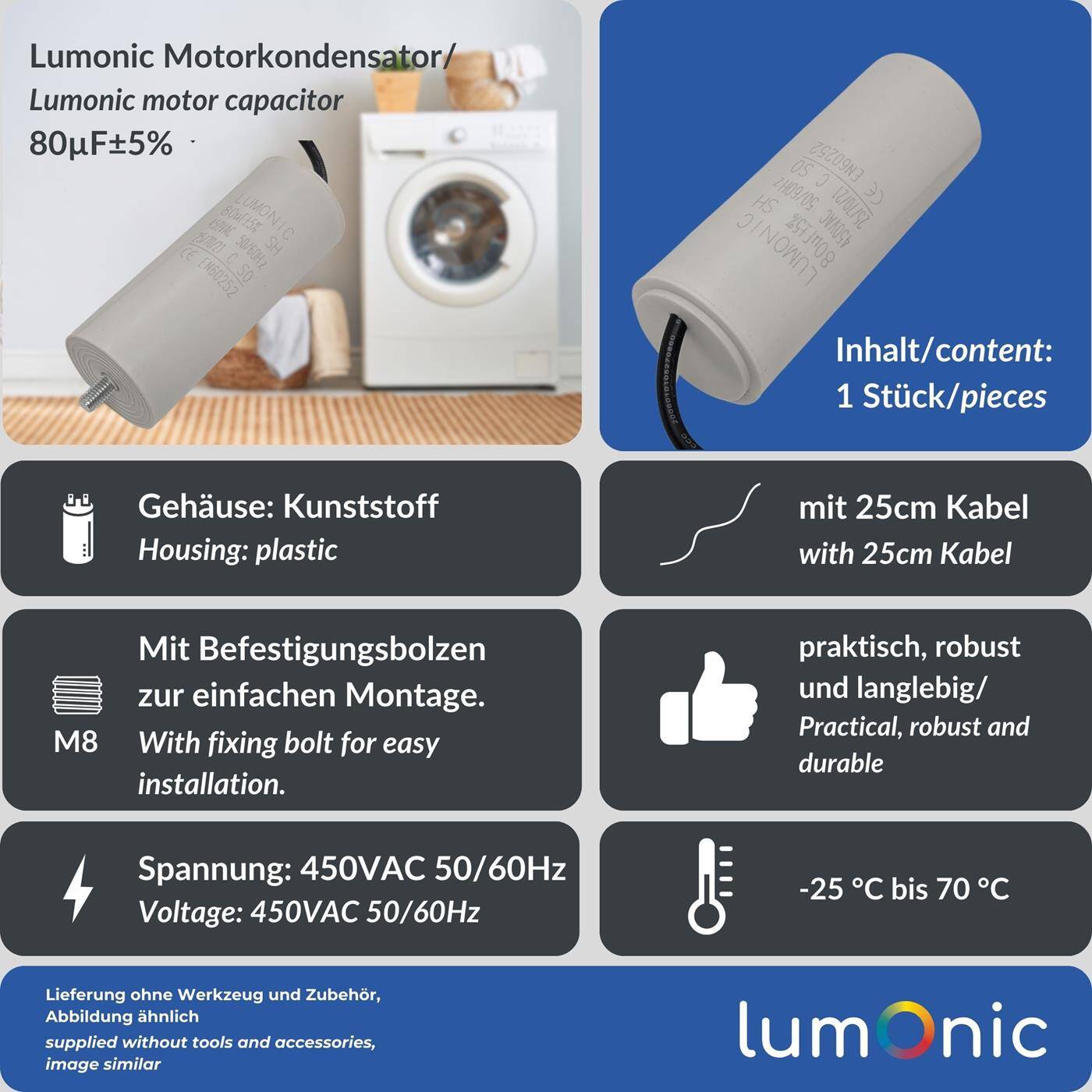 Lumonic Anlaufkondensator 80µF 450V | mit Kabel I 50x120mm I 80uF I Motorkondensator mit Kunststoffgehäuse I Betriebskondensator I für Pumpen, Rasenmäher, Werkzeuge