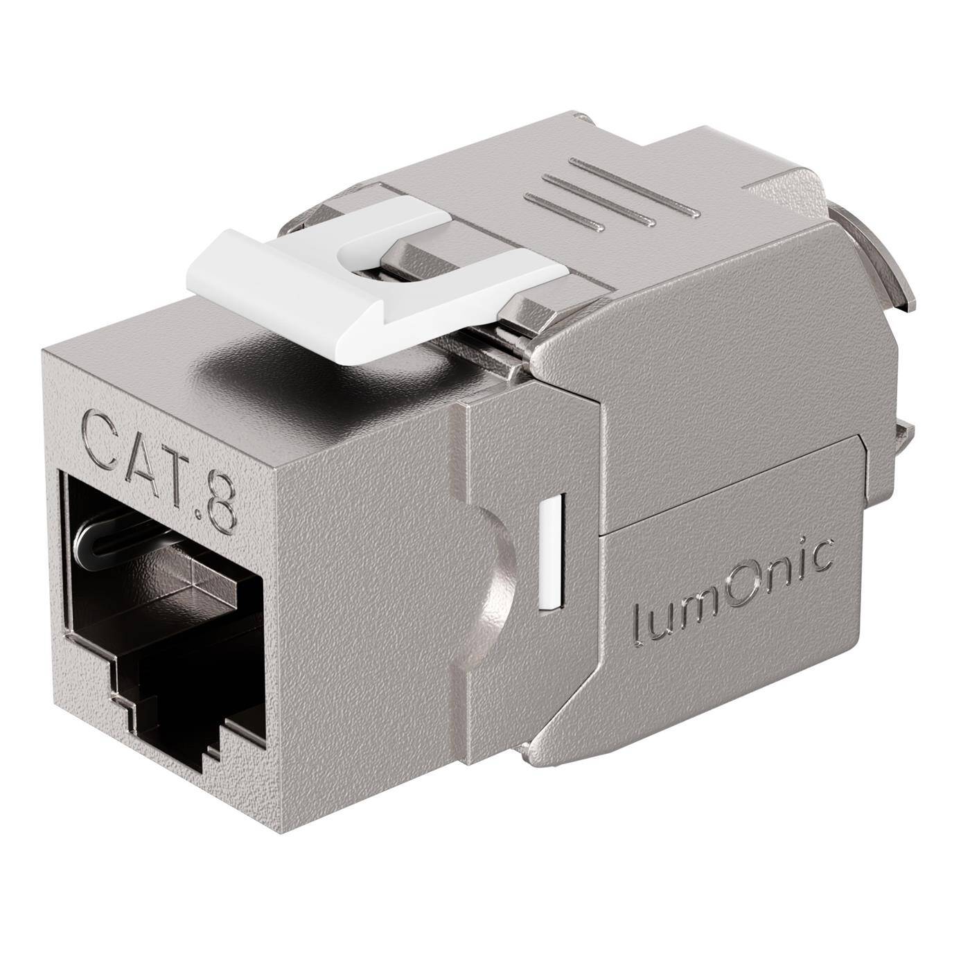 Lumonic Keystone RJ45 CAT8.1 | werkzeuglose Montage | T568A/B farbcodiert | für Wanddose + Patchpanel | PoE, bis 40Gbit/s | 360° Schirmung | Zugentlastung mit Kabelbinder | Metallgehäuse