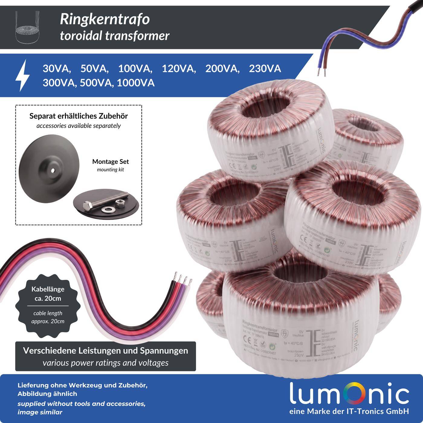 Lumonic Toroidal transformer 500VA | Primary 230V AC | Secondary 2x 12V AC or 1x 24V AC | Humming arm | Transformer for HiFi audio amplifiers