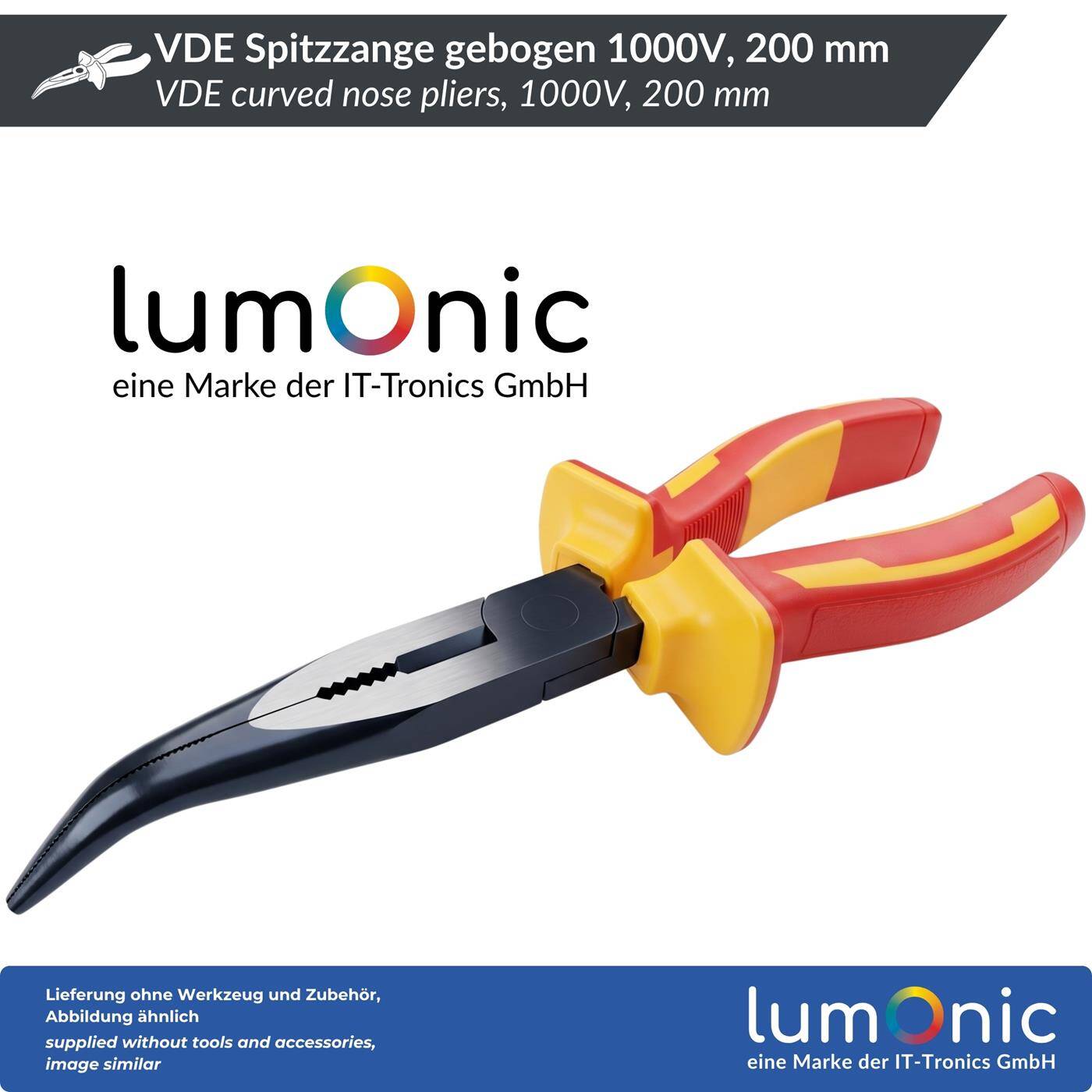 Lumonic VDE Curved Nose Pliers, 1000 V, 200 mm - Angled tips for tight spaces, 60CrV steel, two-component handle, for distribution panels and control cabinets