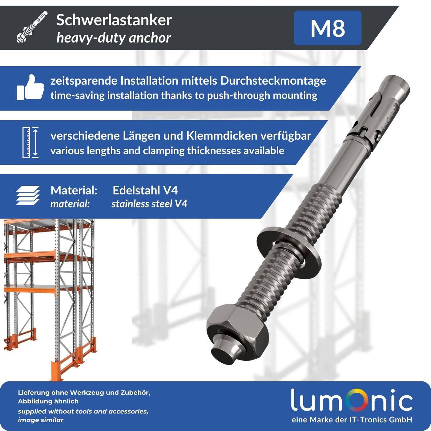 Lumonic Schwerlastdübel M8 x 85mm | hochwertige Edelstahl V2A Keilanker | Durchsteckmontage,  | Betonanker, Schwerlastanker | für Überdachungen, Geländer, Regale, Trennwände