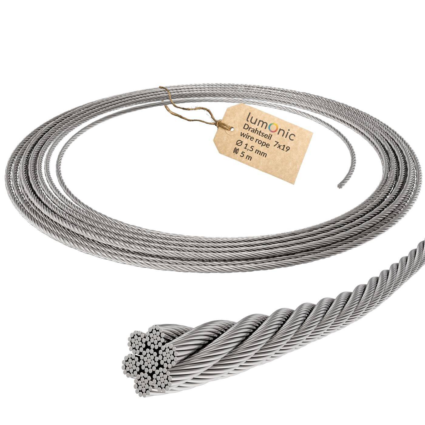 Drahtseil 5m Edelstahl V4A 316 1,5mm 7x19 Seile rostfrei für Ranksysteme Drahtseil 5m Edelstahl V4A 316 1,5mm 7x19 Seile rostfrei für Ranksysteme