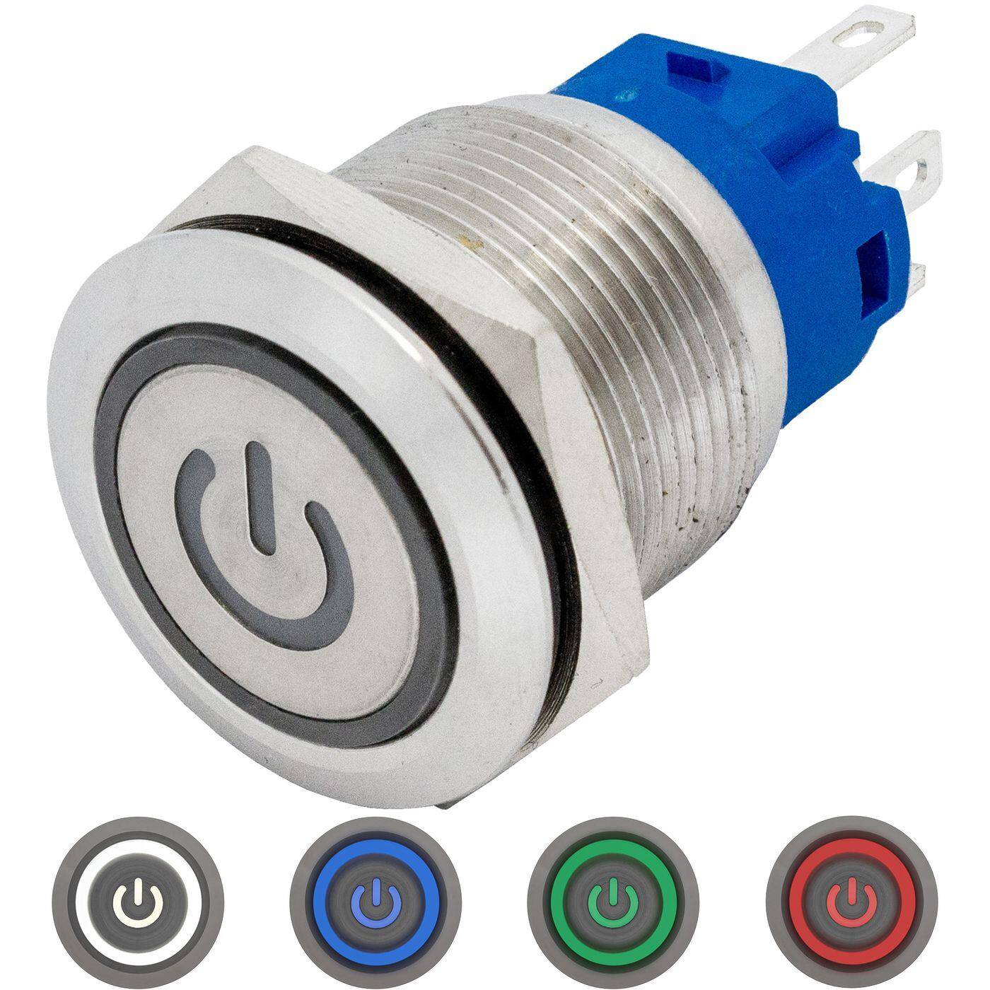 Stainless steel Push button Flat Ø19mm Power LED Cold White IP65 2,8x0,5mm Pins 250V 3A Vandal-proof
