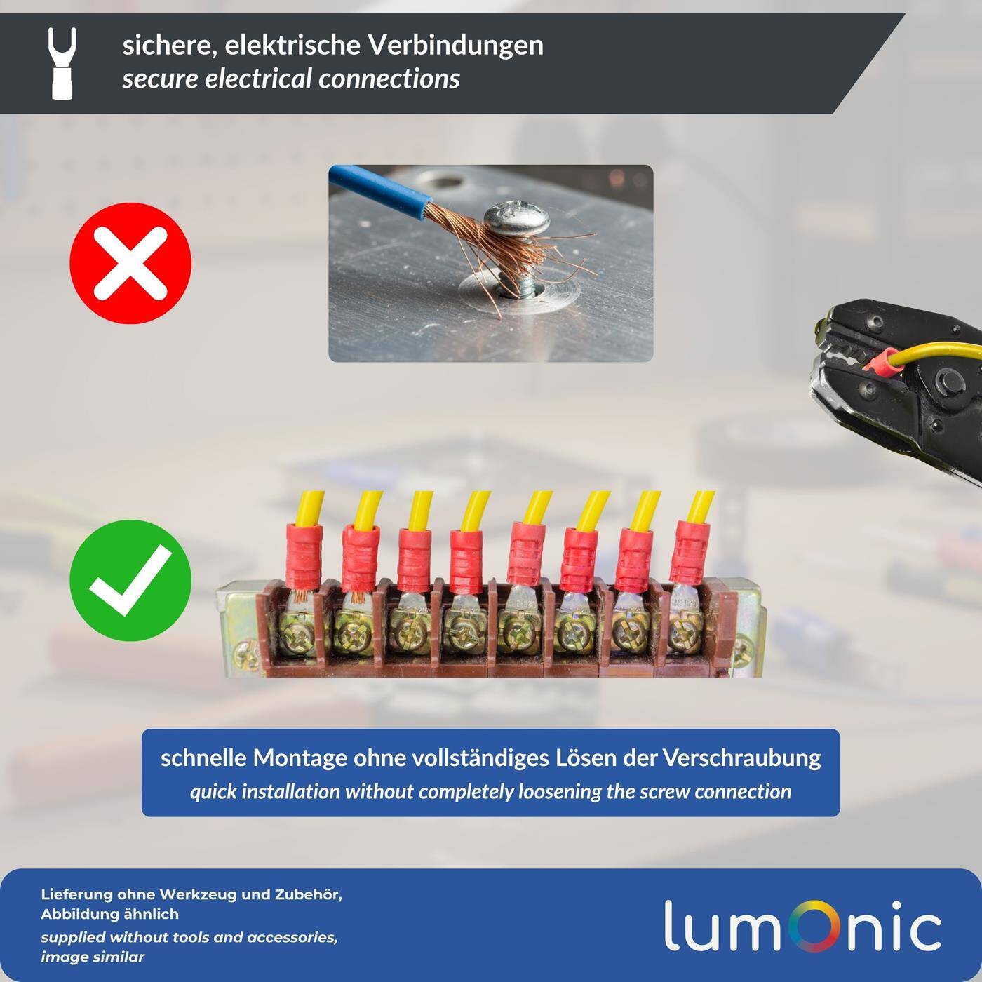 Lumonic 25x Gabelkabelschuh 4,0-6,0mm² teilisoliert | M6 | Kupfer verzinnt | sichere Kabelverbindung ohne Löten | Set mit 25 Stück Crimp-Kabelschuh, Quetschverbinder | KFZ, Maschinenbau, Wohnmobil, Batterie
