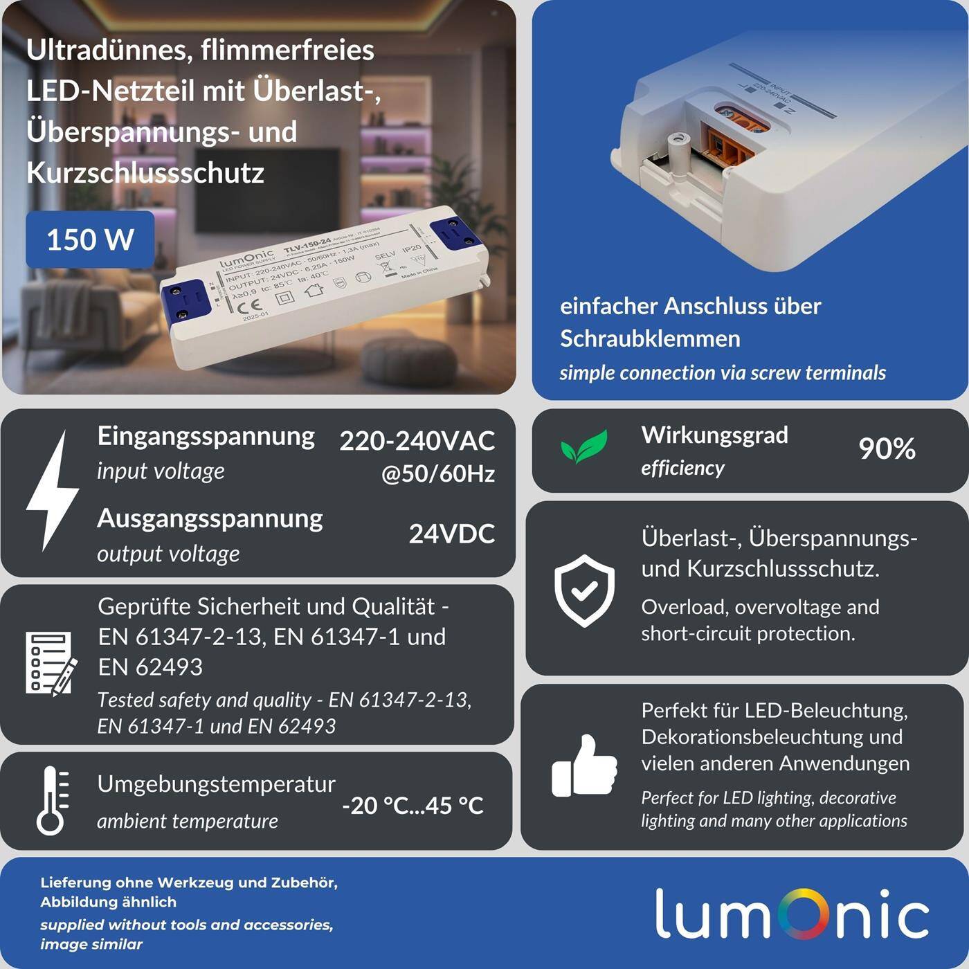 Lumonic I LED Trafo TLV-150-24 I 24V 150W I Input 220-240VAC I flimmerfrei & ultradünn I Überlastschutz I LED-Netzteil I für LED-Beleuchtung & LED-Streifen