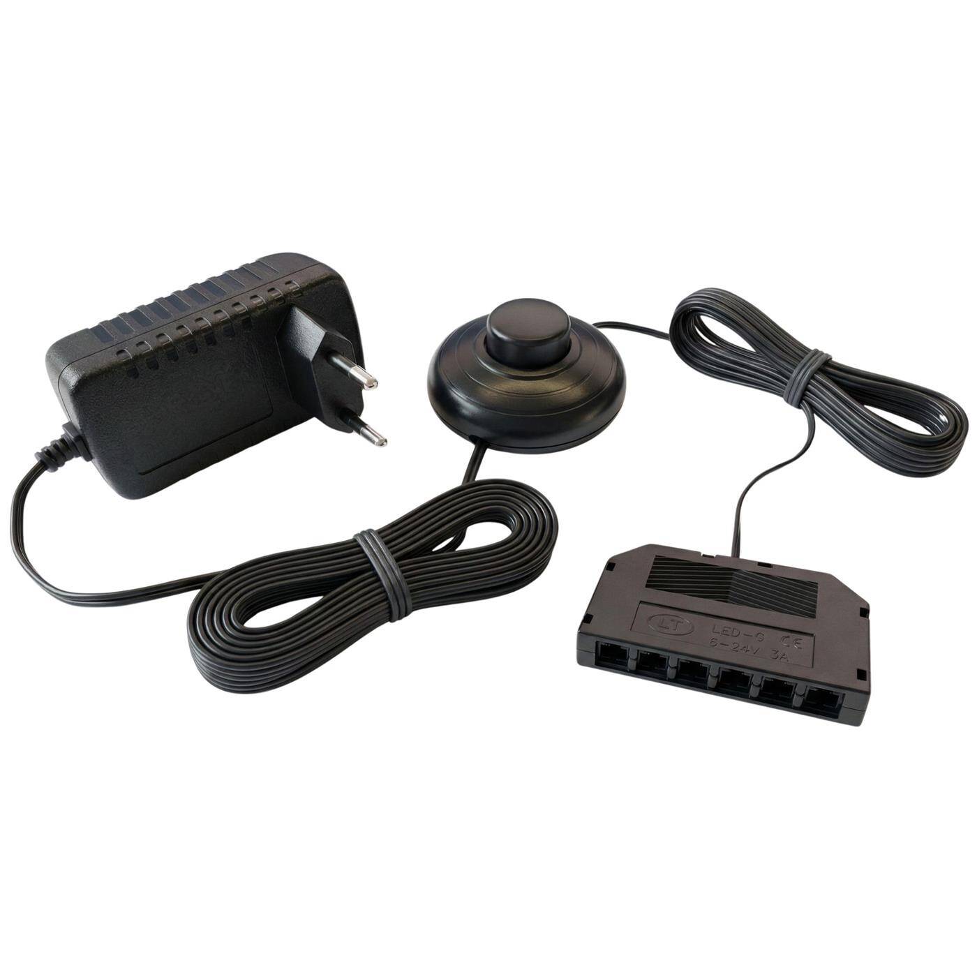 Lumonic LED Netzteil Glaskantenbeleuchtung 12V 18W mit Fußschalter & 6-fach Verteiler | 340cm | Plug & Play | Trafo für Glasbodenbeleuchtung