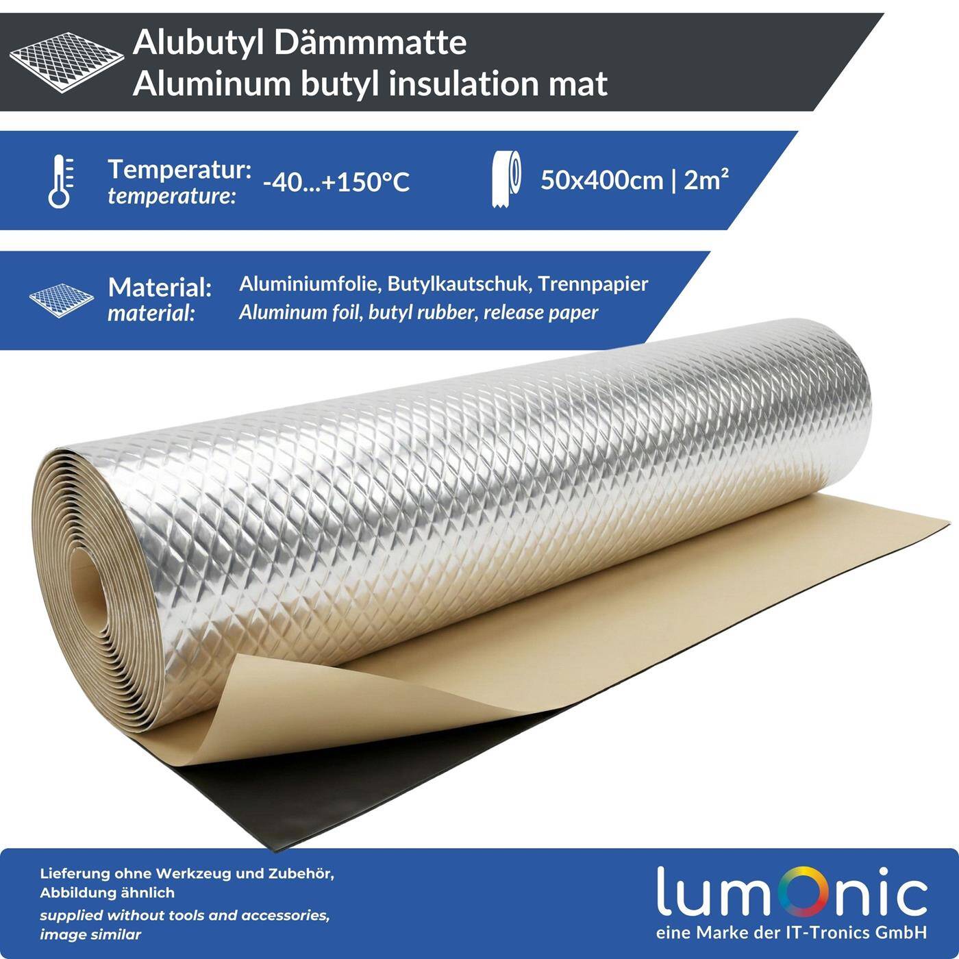 Alubutyl Dämmmatte 2m², Geruchsneutral, 50x400cm Selbstklebend, Anti Dröhn Matte für Auto, Camper, Wohnmobil, 100% Butyl - Kein Bitumen