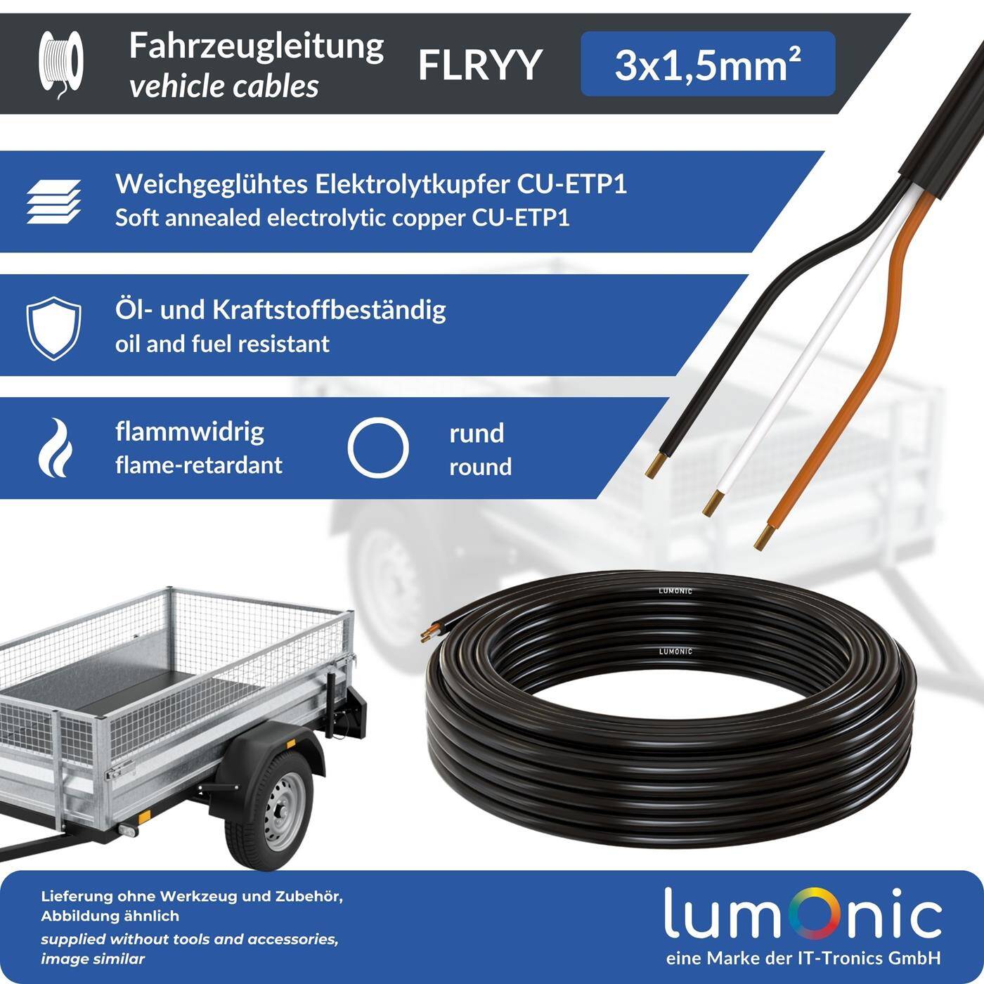 1m FLRYY Fahrzeugleitung 3x1,5mm² rund Kabel KFZ Anhängerkabel Niedervolt